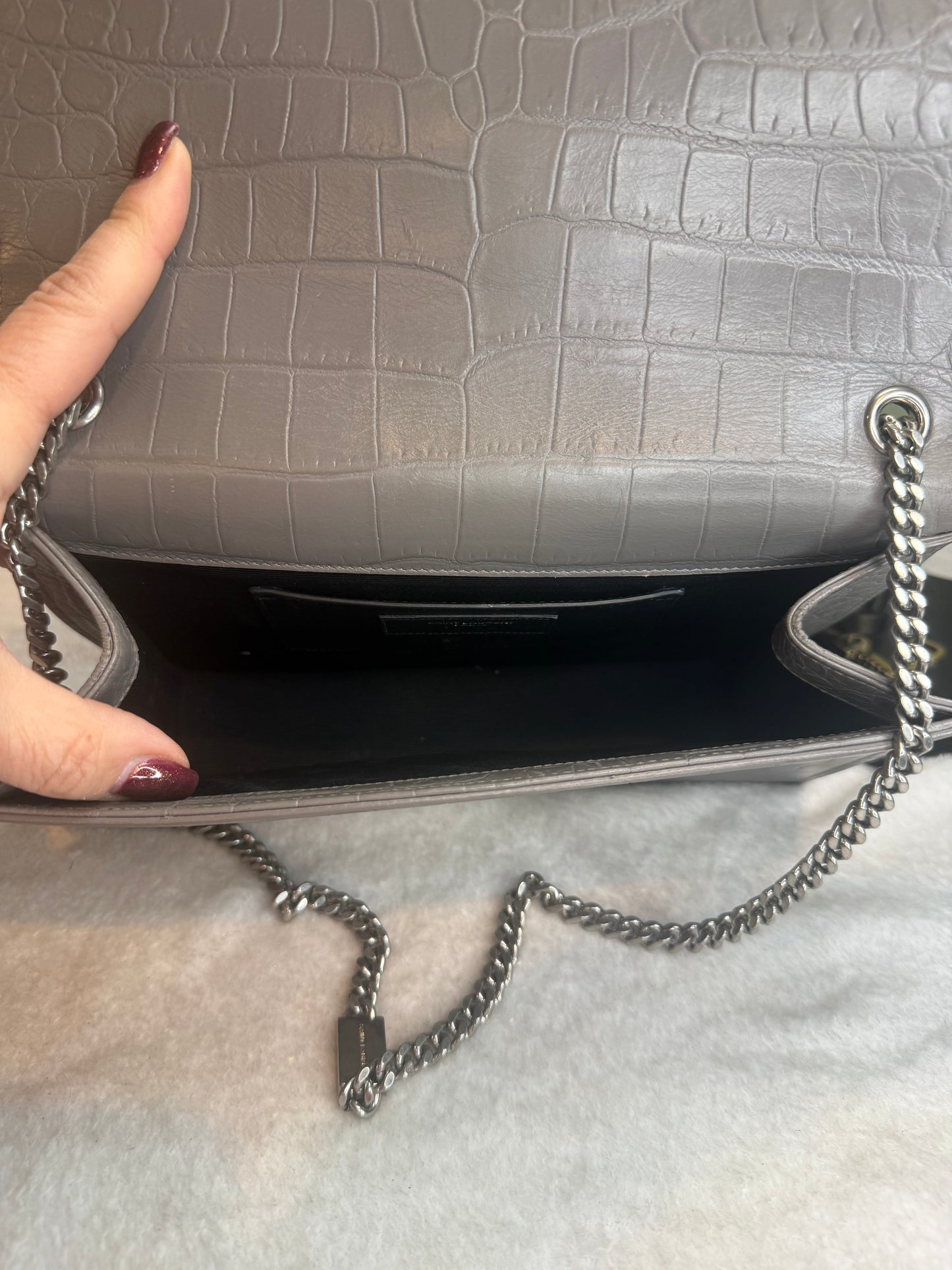 563. YSL Grey Croc-Embossed Leather Medium Kate Tassel Shoulder bag