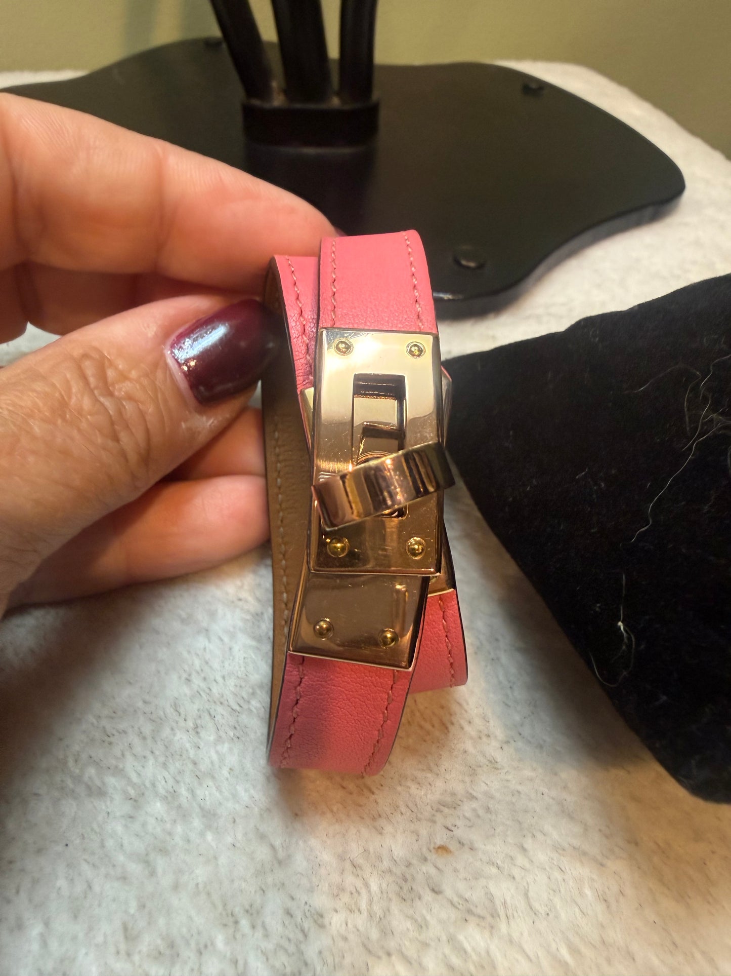 1632. Hermes Rose Azalee Kelly Double Tour Pink Leather wrap Bracelet