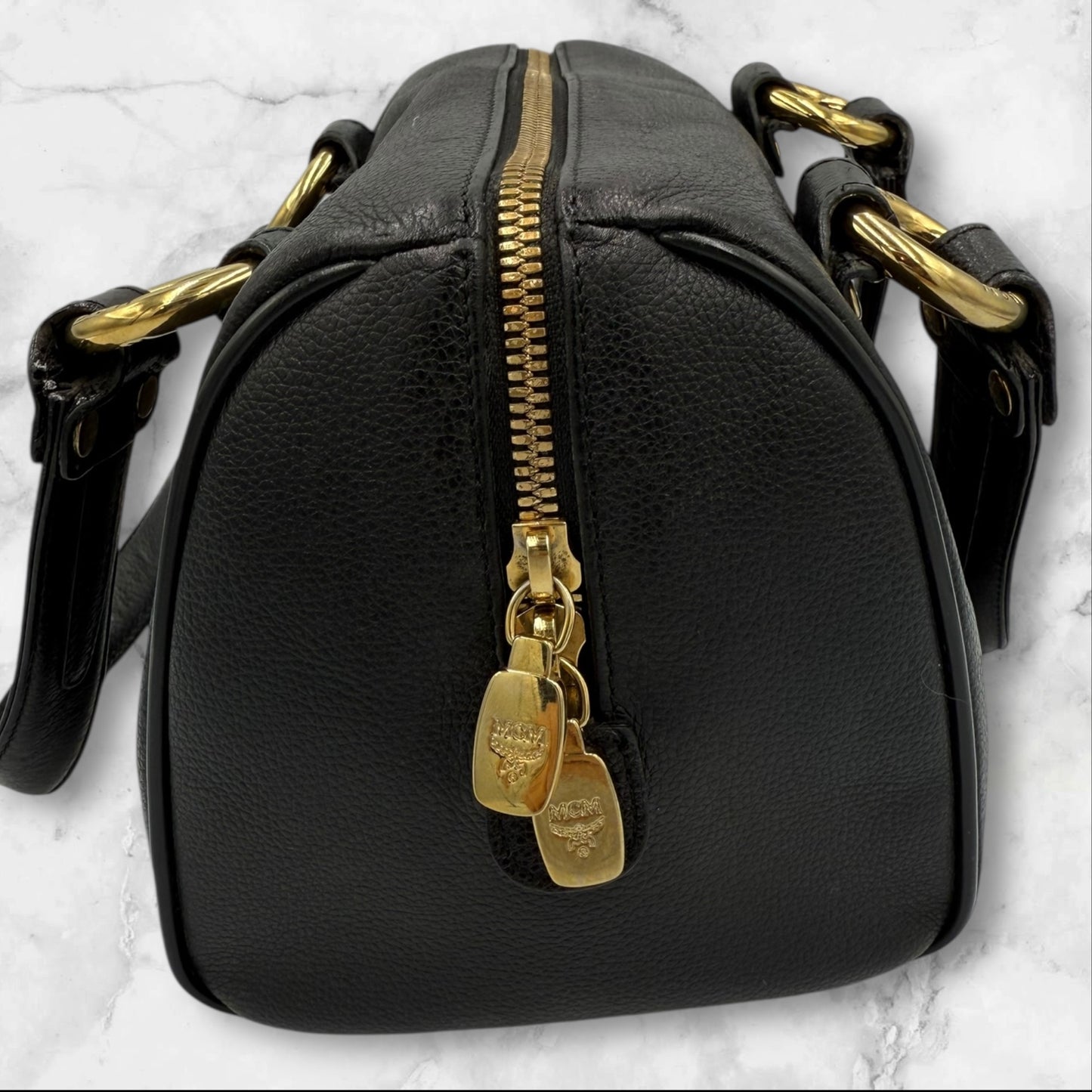 MCM Black Leather Small Logo Studded Boston Bag