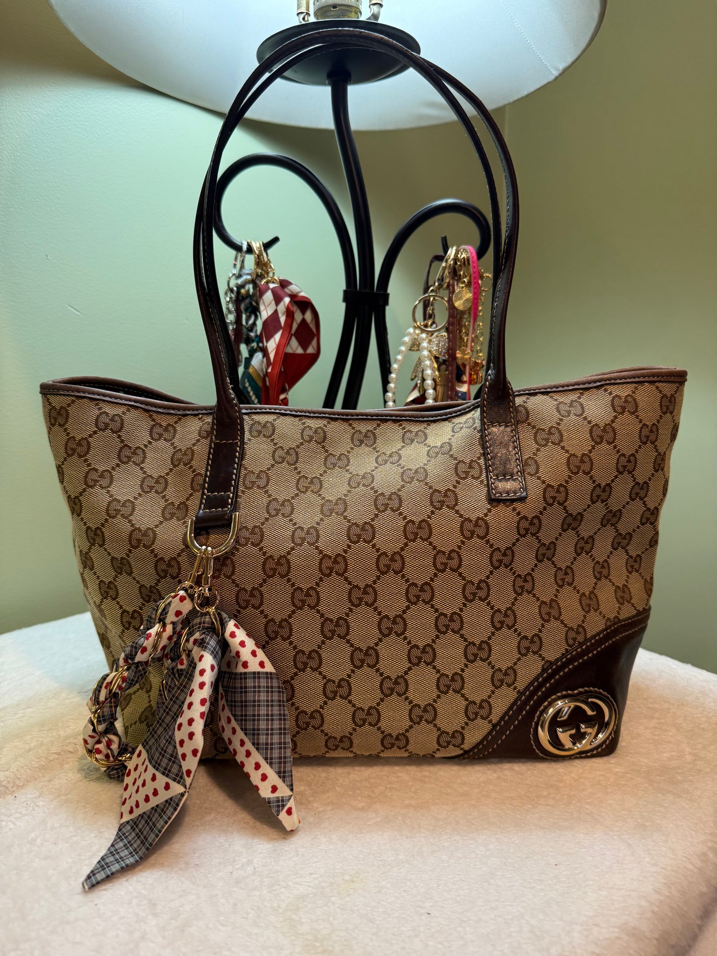 Gucci Vintage Brown GG Canvas New Britt Tote with Striped Interior