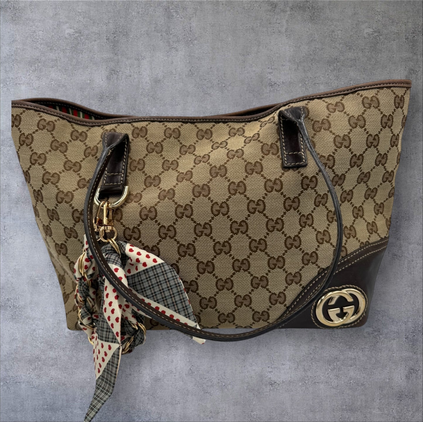 Gucci Vintage Brown GG Canvas New Britt Tote with Striped Interior