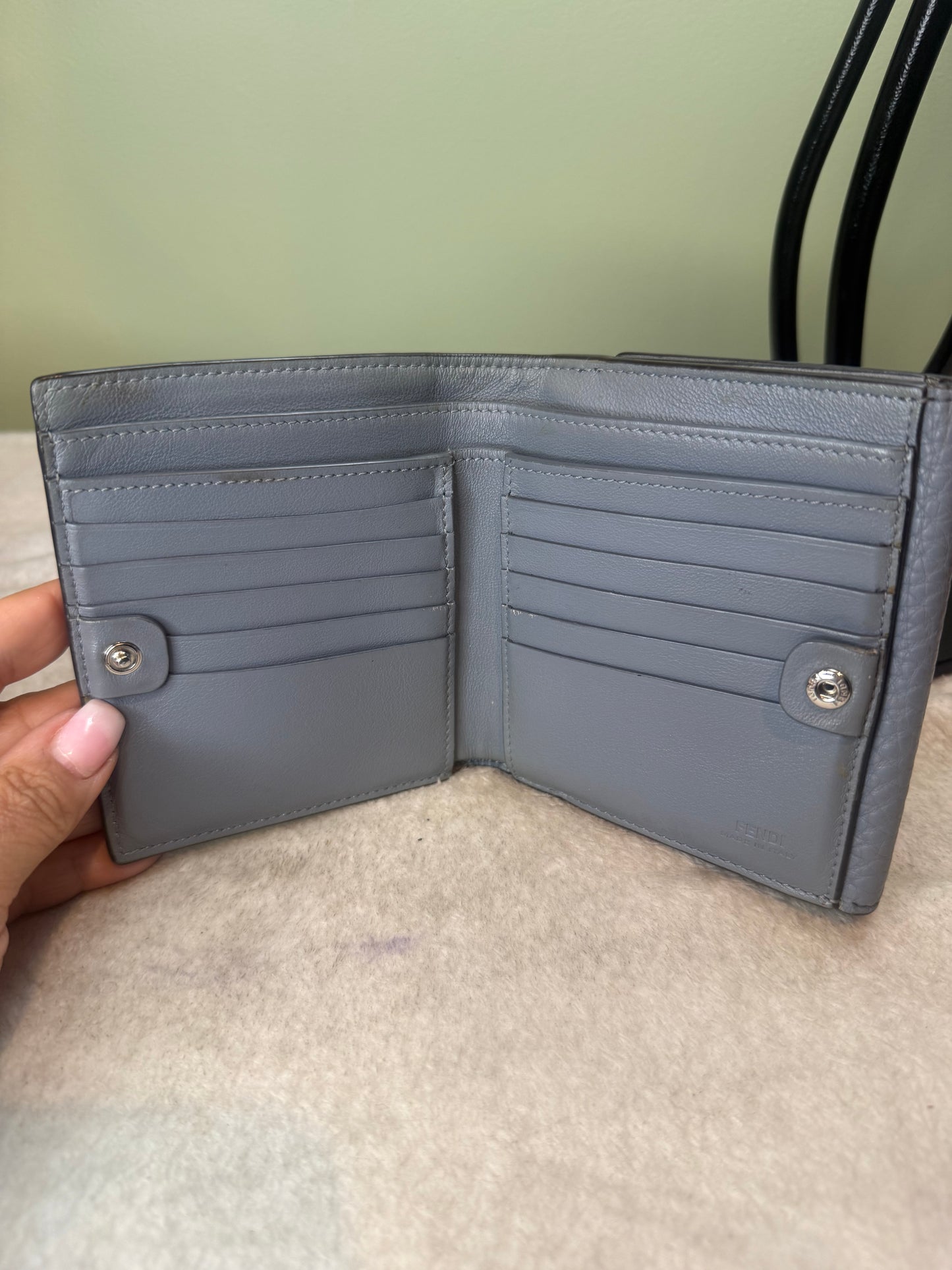 1425. Fendi Blue Pebbled Leather Compact Peekabo Wallet
