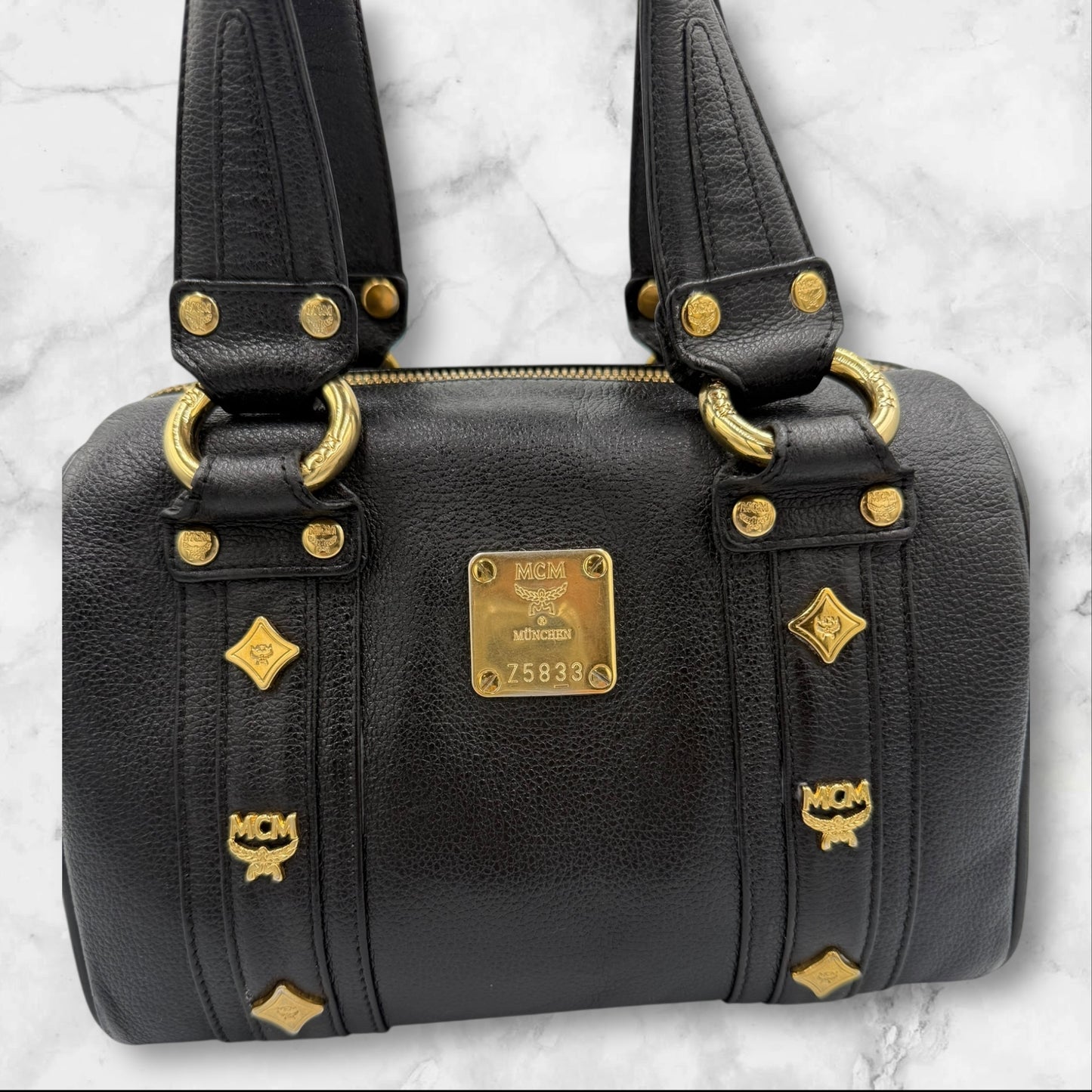 MCM Black Leather Small Logo Studded Boston Bag