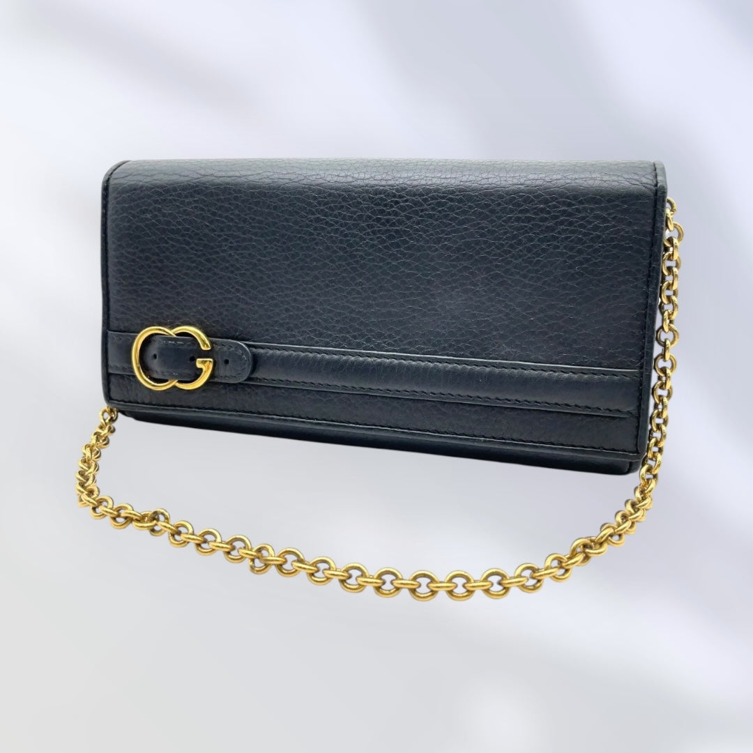 Gucci Belt Design Black Leather Chain Long Wallet