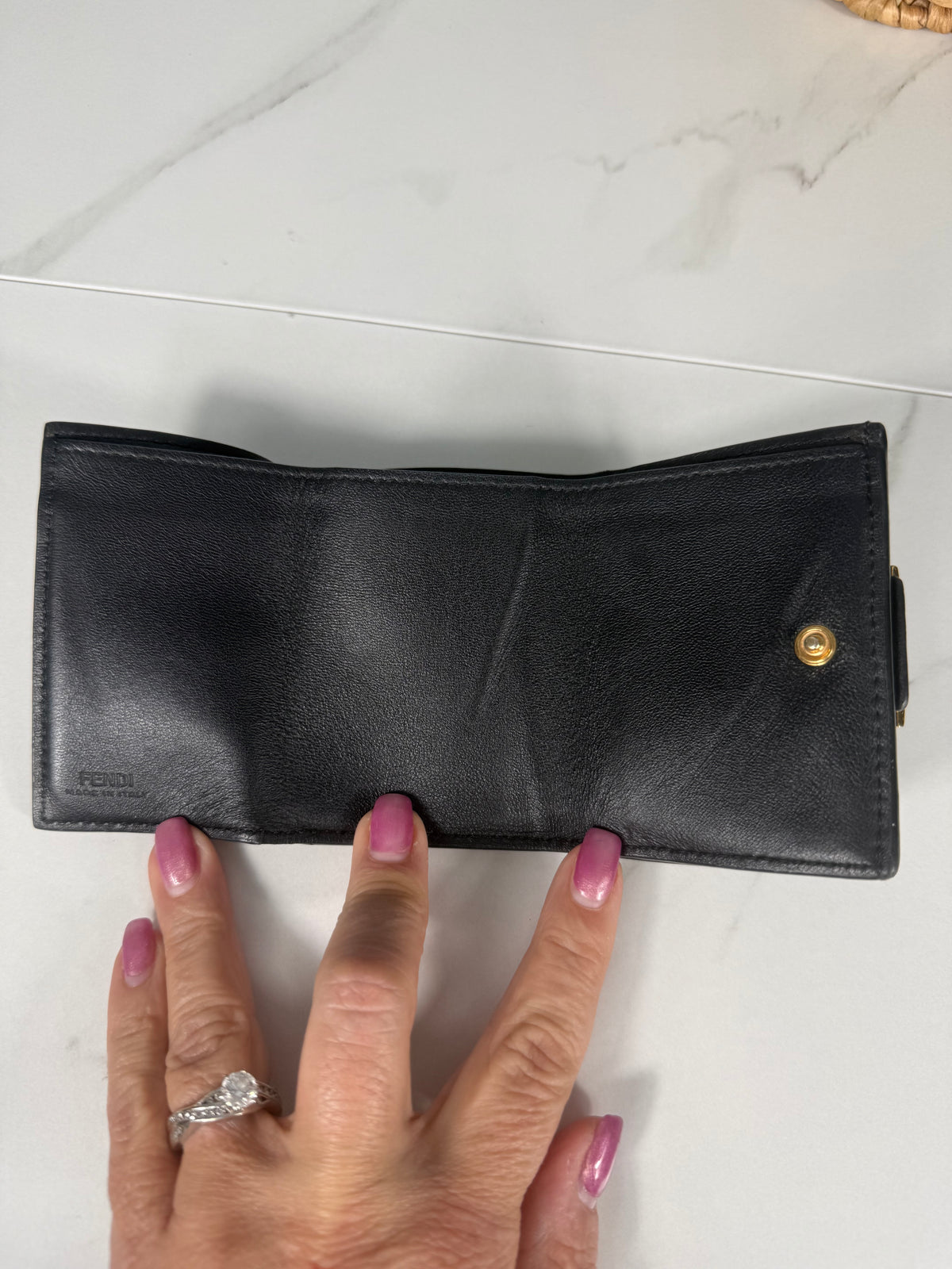 2188. Fendi Black Leather Baguette Compact Wallet