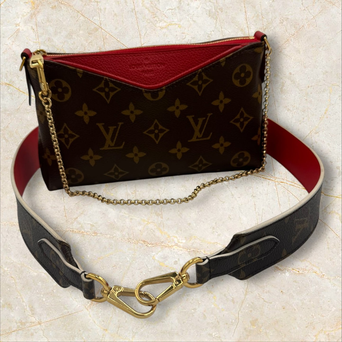 Louis Vuitton Monogram Canvas & Cerise Pallas Clutch