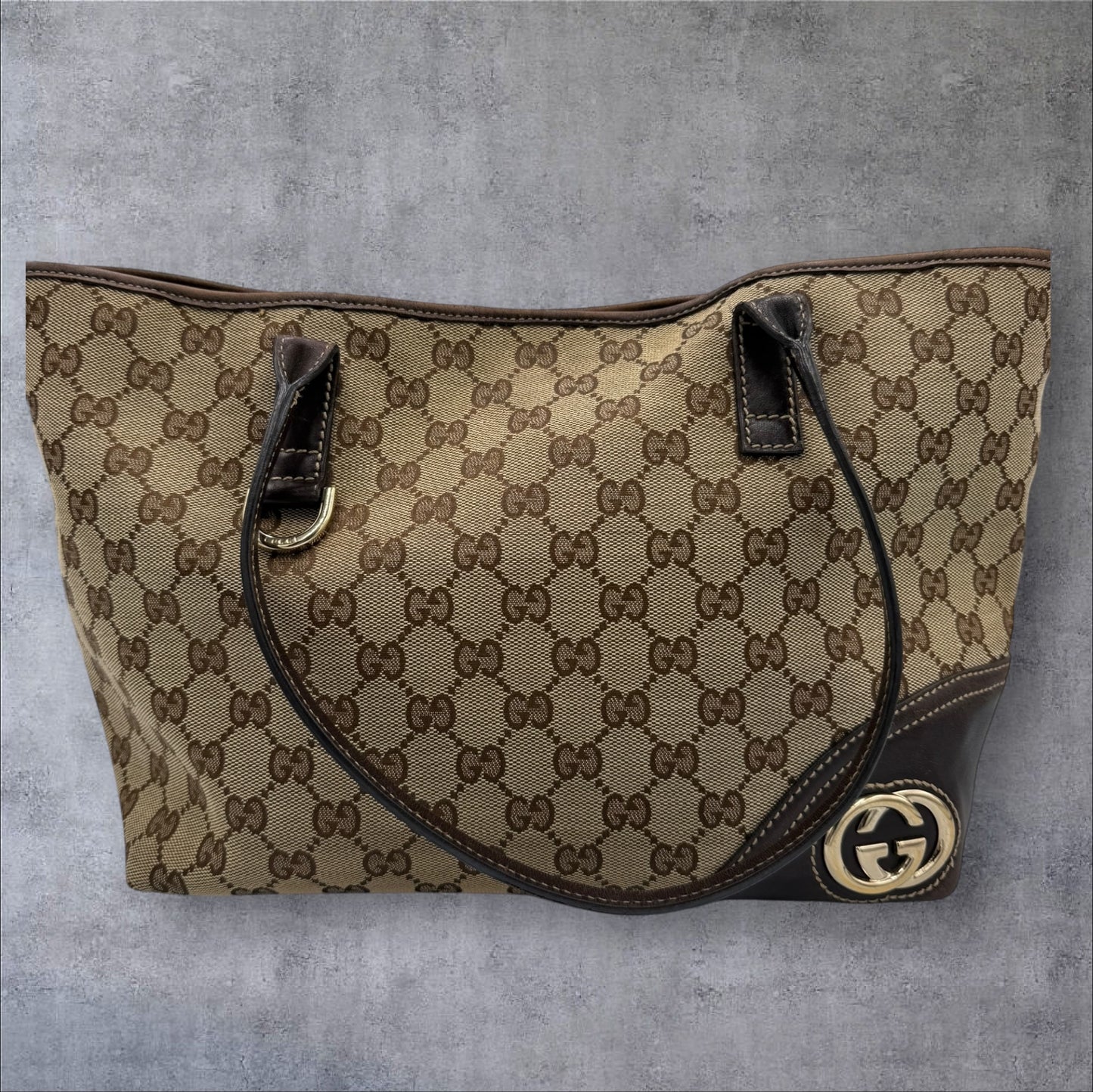 Gucci Vintage Brown GG Canvas New Britt Tote with Striped Interior