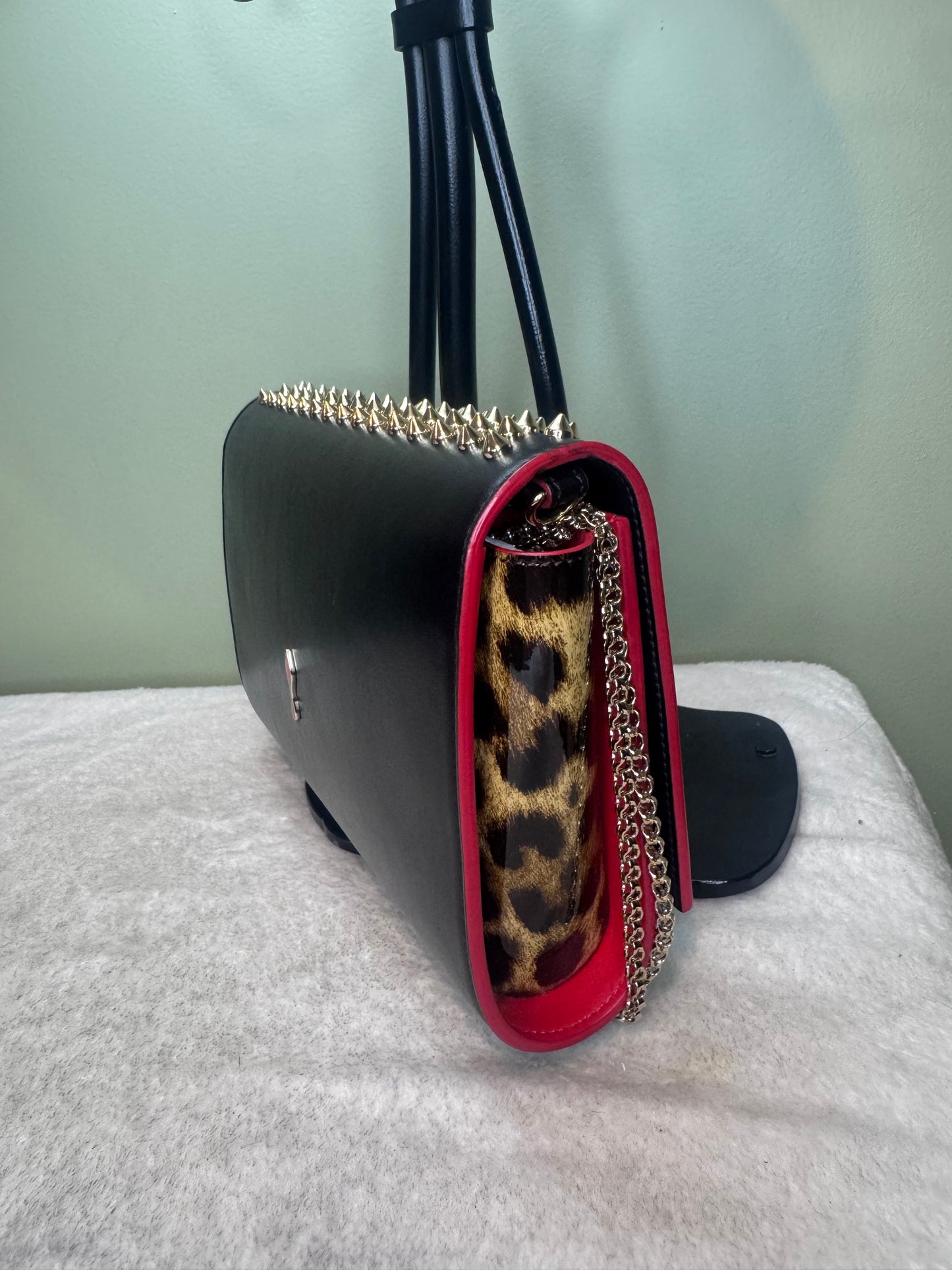 1404. Christian Louboutin Black Studded Paloma Clutch with Cheetah