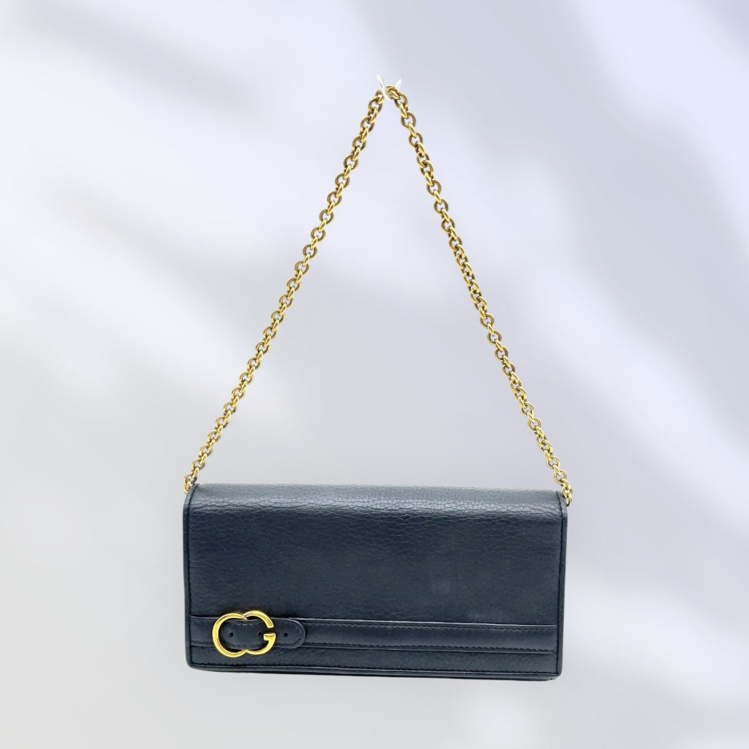 Gucci Belt Design Black Leather Chain Long Wallet