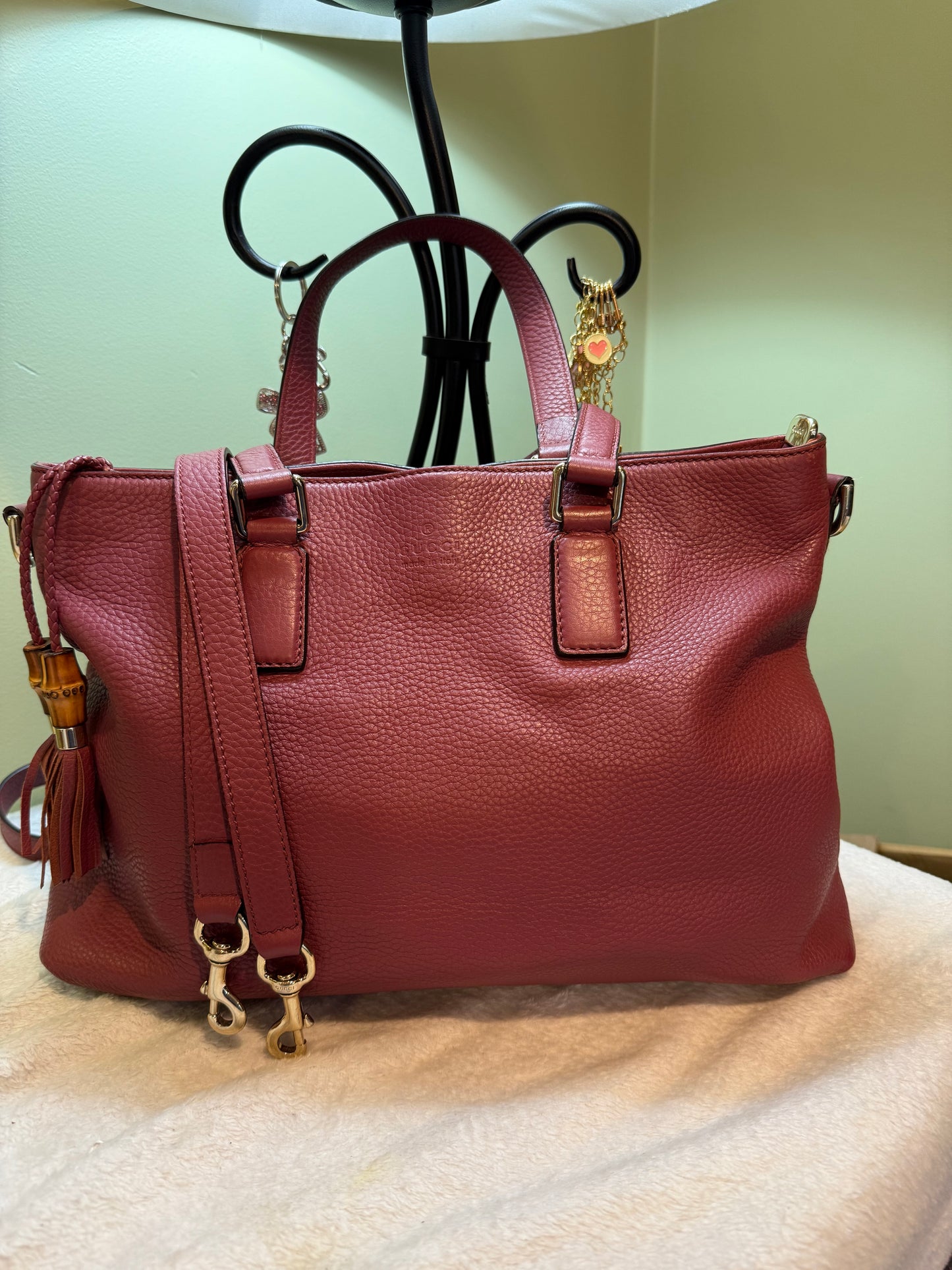 Gucci Pink Bamboo Tassel Leather 2 way Tote