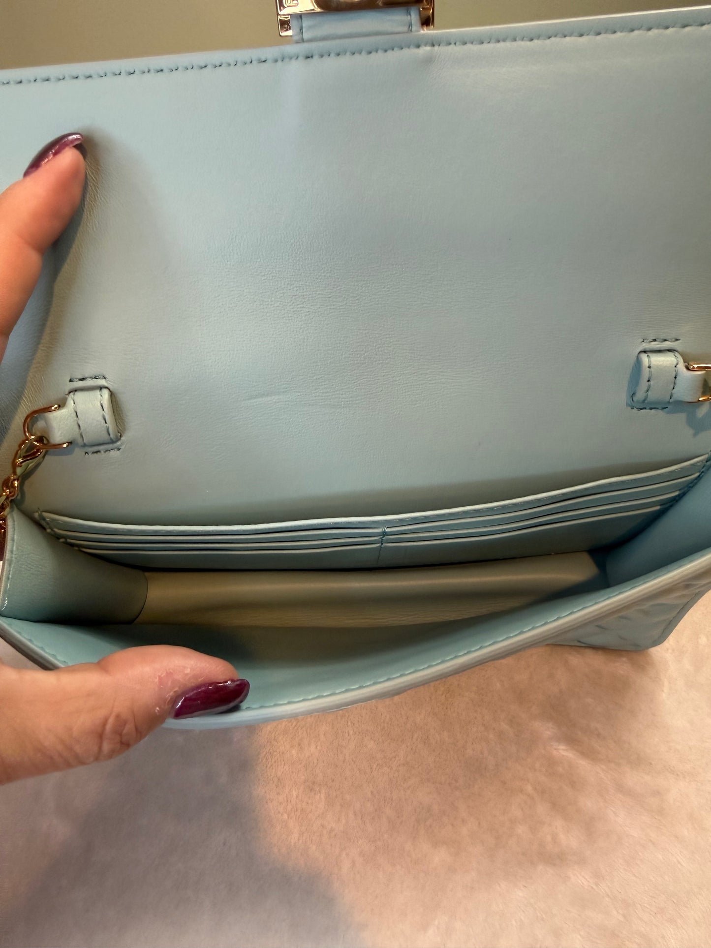 1909. Fendi Light Blue Nappa Leather Wallet on Chain Baguette