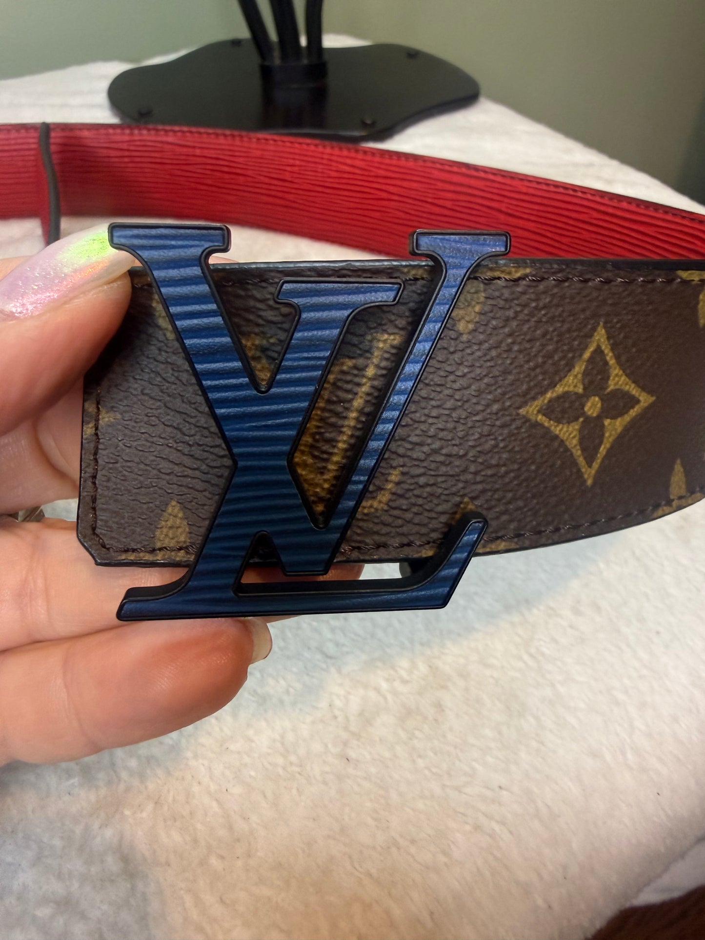 1190. Louis Vuitton Bi-Color Monogram LV Initiales Reversible Belt with Blue buckle