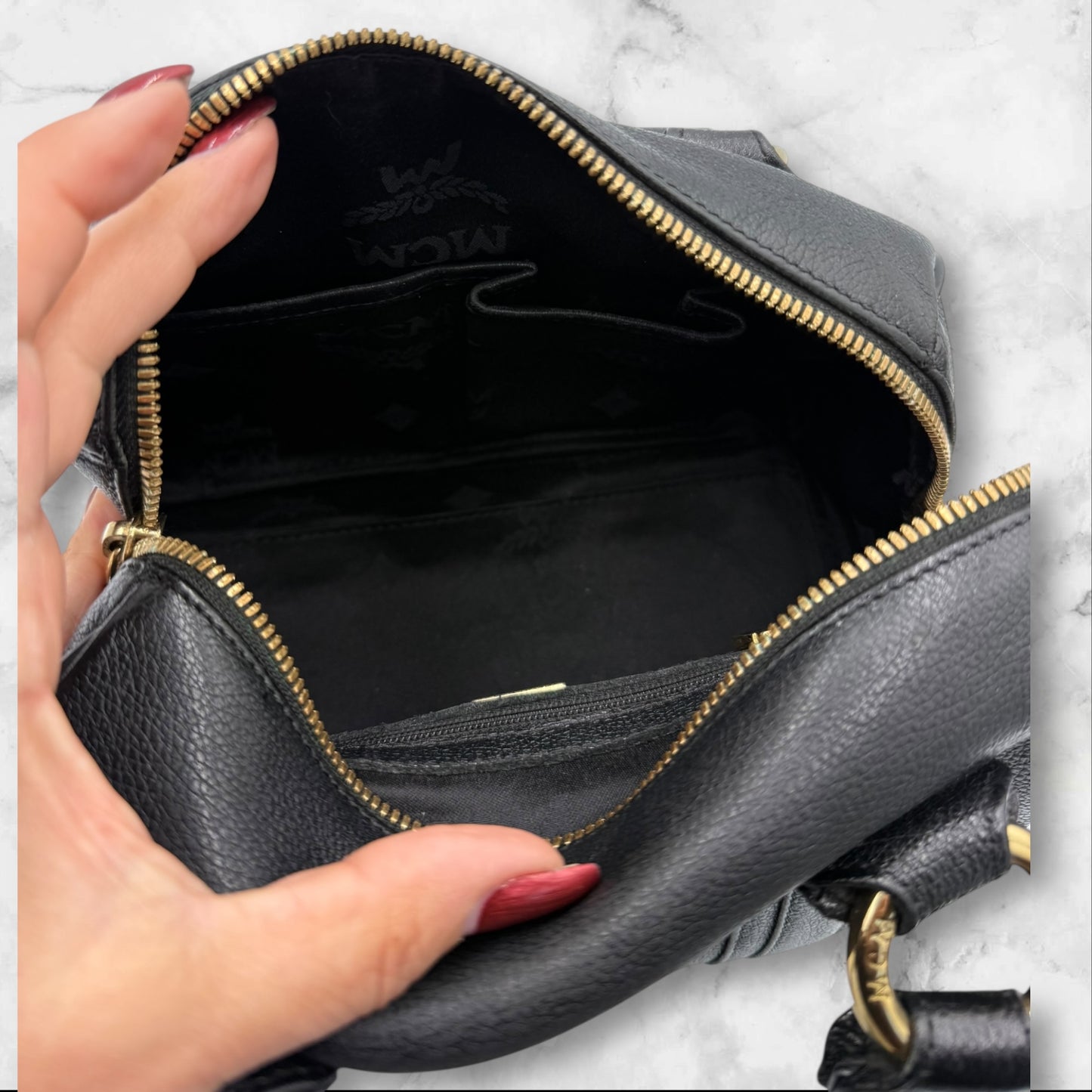 MCM Black Leather Small Logo Studded Boston Bag