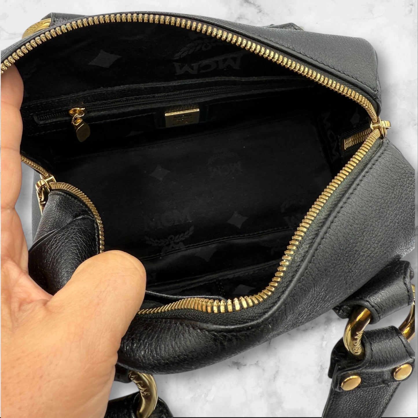 MCM Black Leather Small Logo Studded Boston Bag