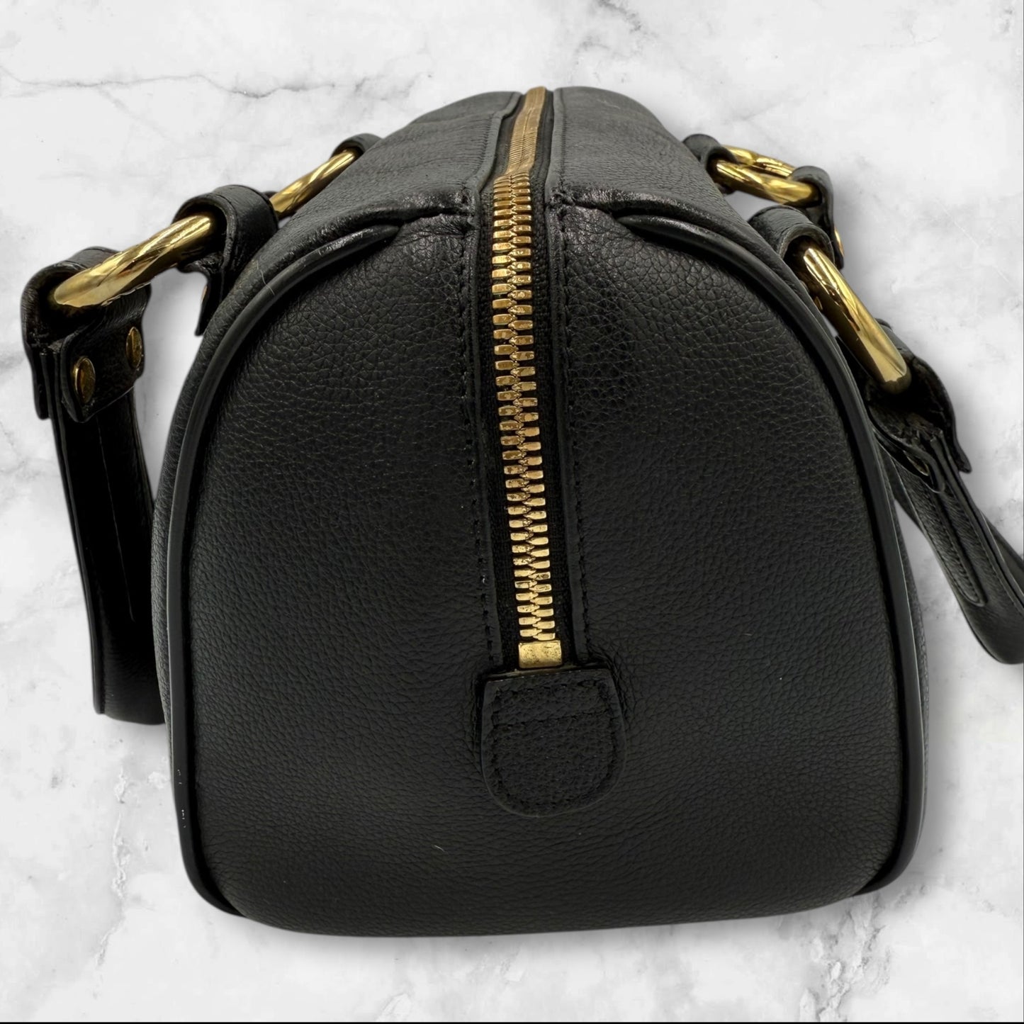 MCM Black Leather Small Logo Studded Boston Bag