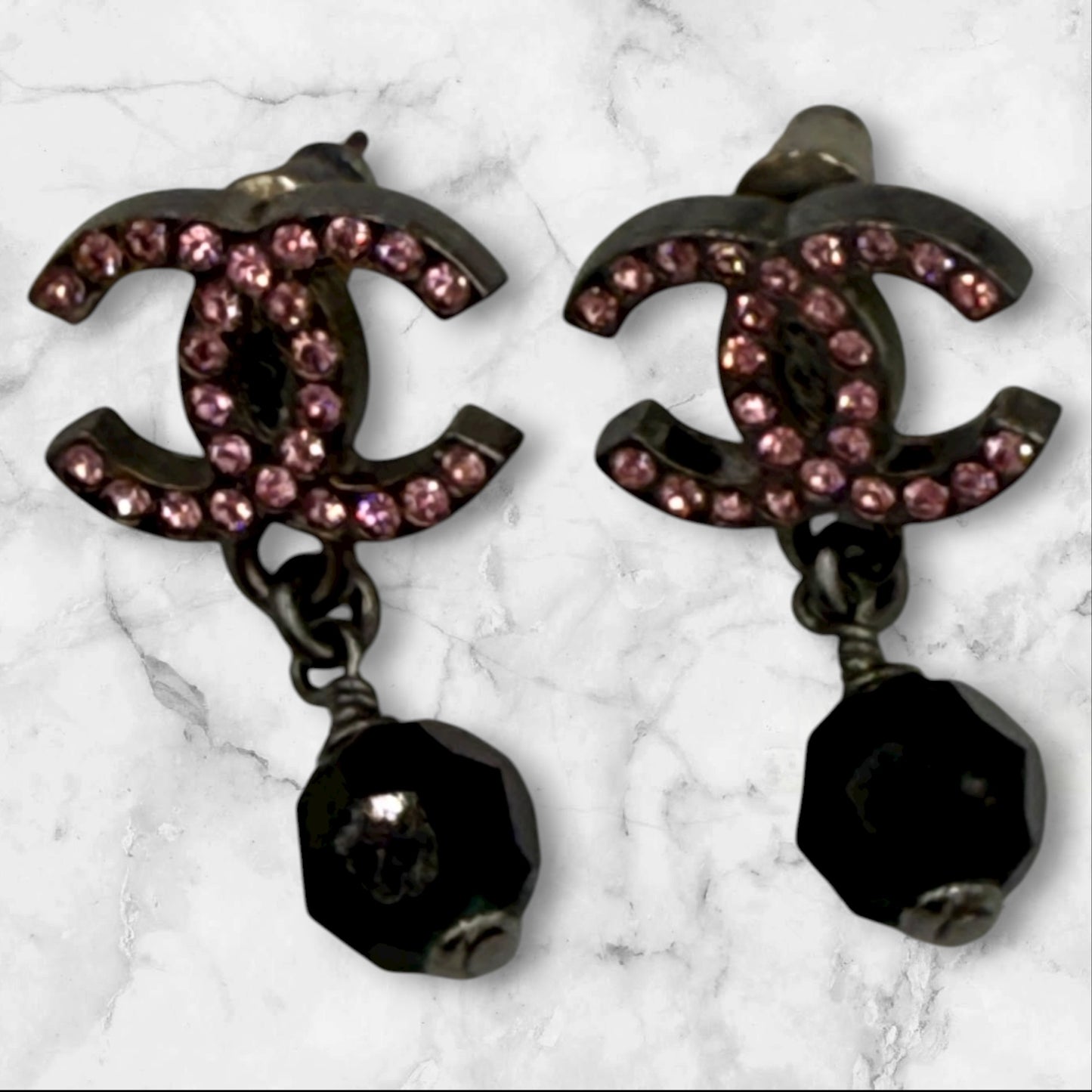 Chanel CC Drop Pierced Earrings with Pink Rhinestone and Black beads