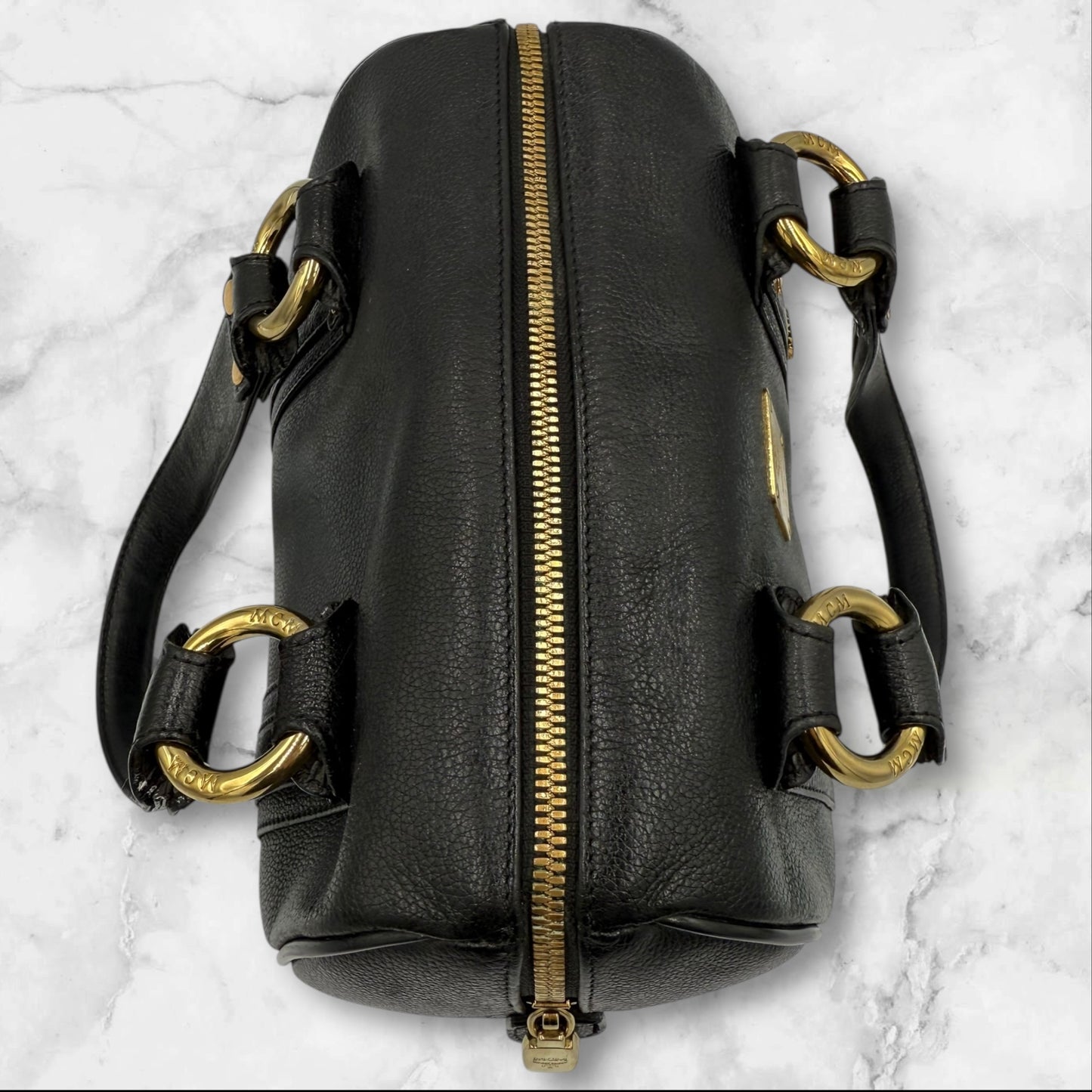 MCM Black Leather Small Logo Studded Boston Bag