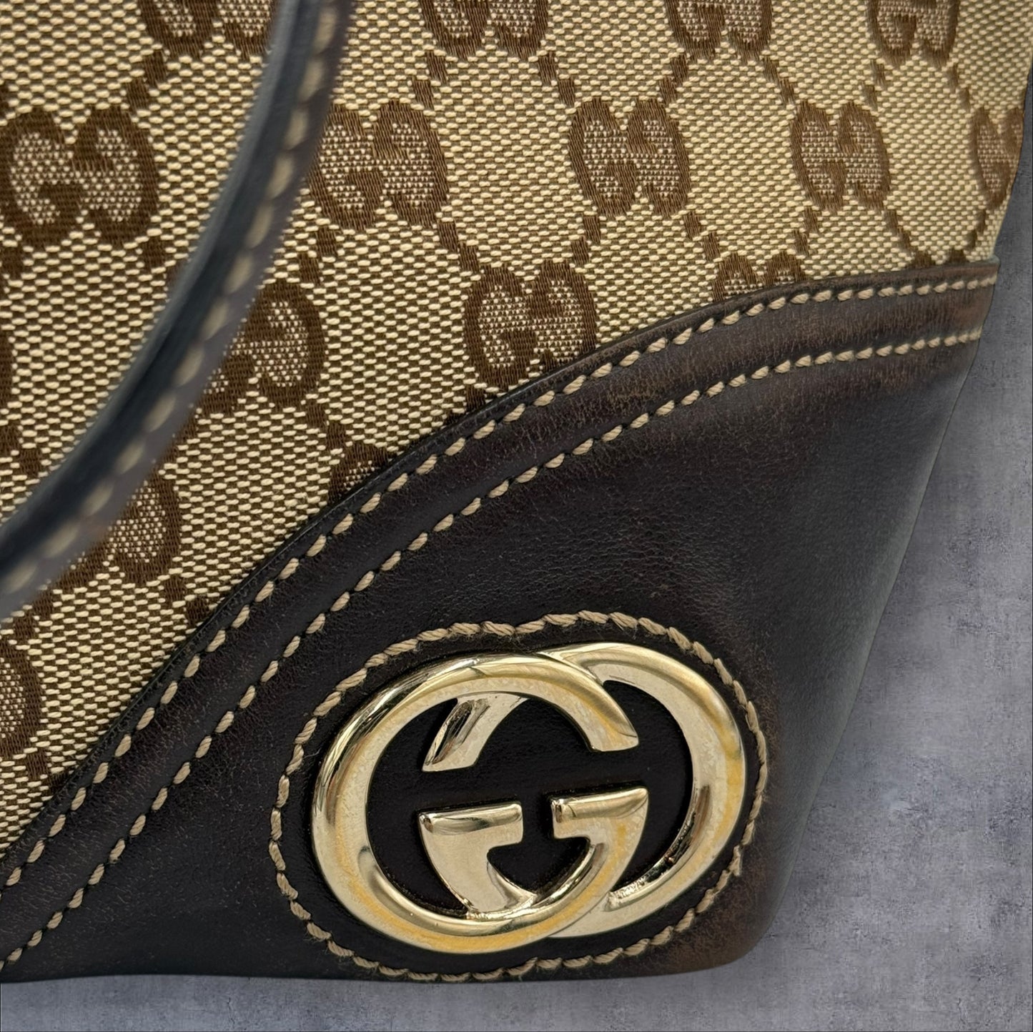 Gucci Vintage Brown GG Canvas New Britt Tote with Striped Interior
