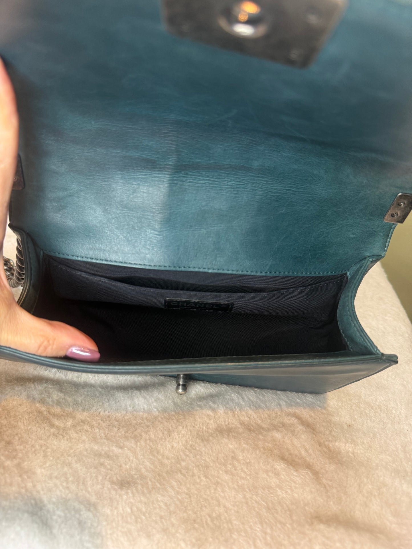 1022. Chanel Green Medium Boy Bag with gun metal hardware