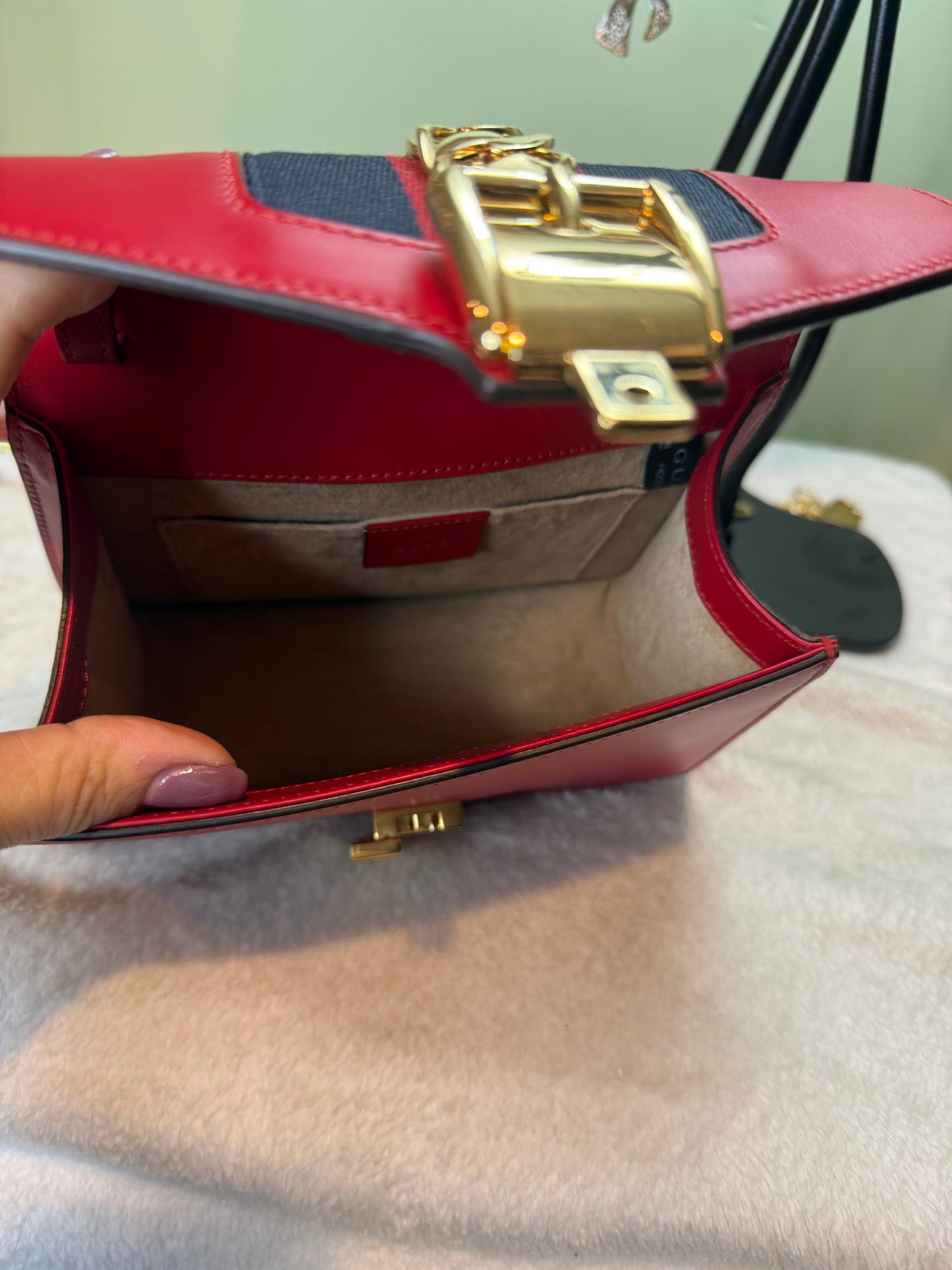1108. Gucci Red Mini Sylvie Top handles with both Straps