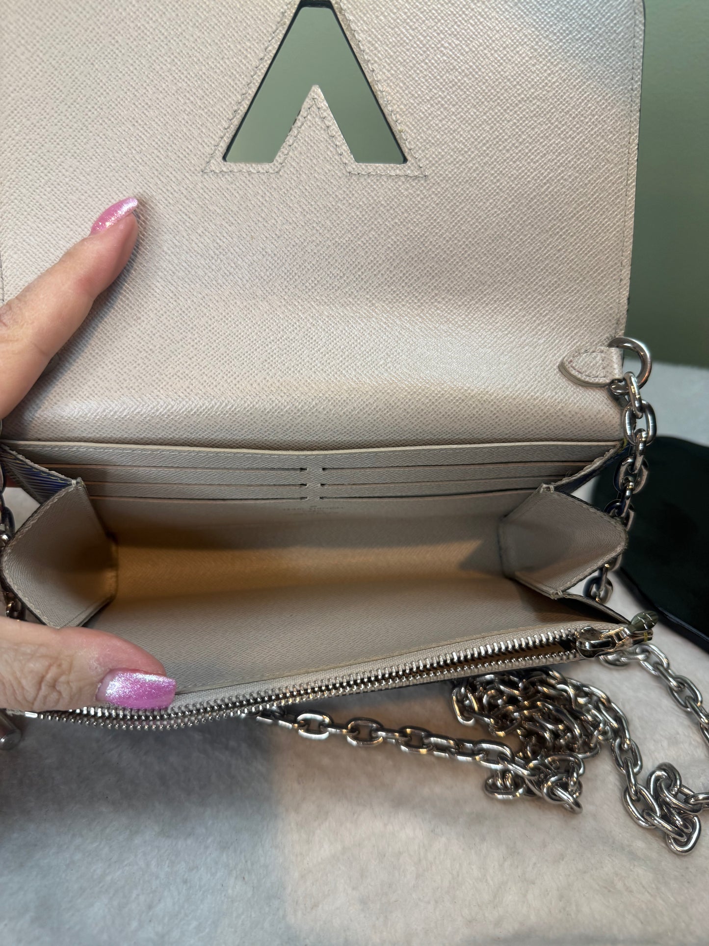 864. Louis Vuitton Blue Denim Twist WOC with embellisments