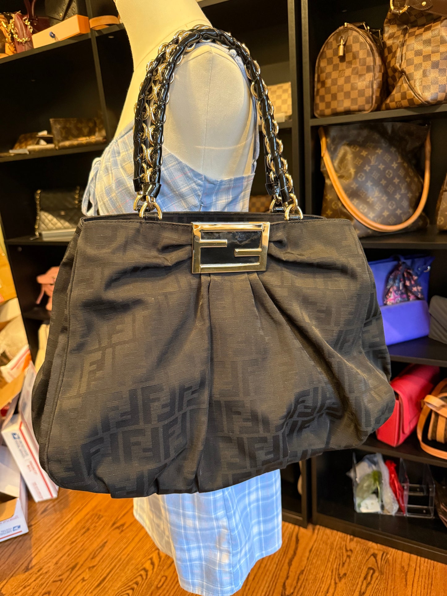 273. Fendi Large Zucca Black Canvas Monogram Mia Shoulder Bag