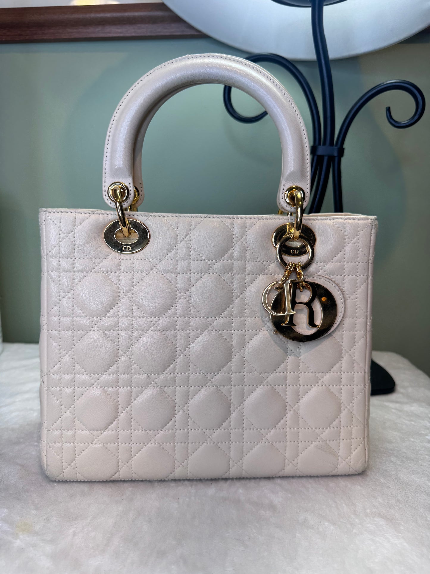 1867. Christian Dior Cream Lady Dior Medium with Gold