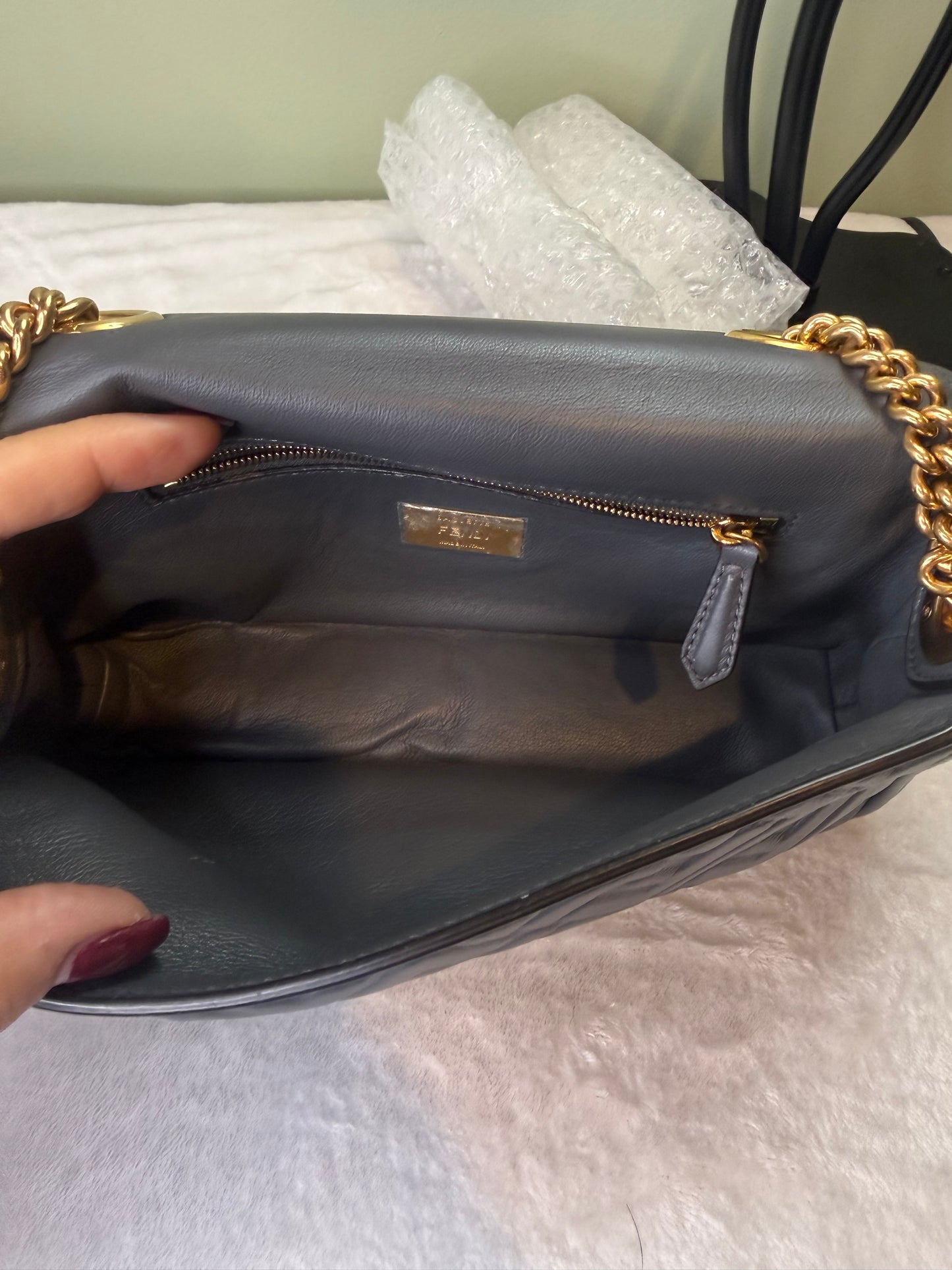1748. Fendi Grey Baguette Midi Bag with Gold Chain