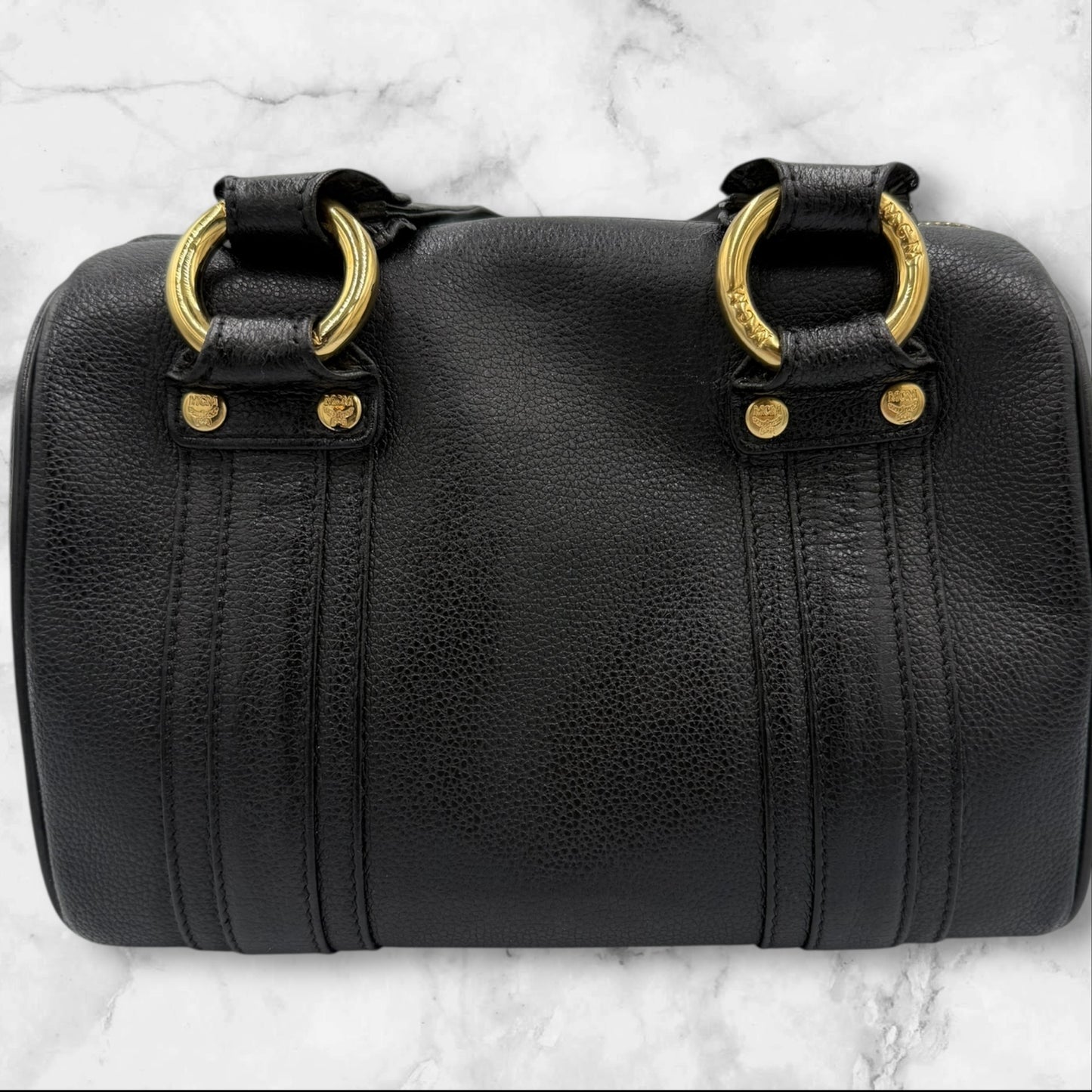 MCM Black Leather Small Logo Studded Boston Bag