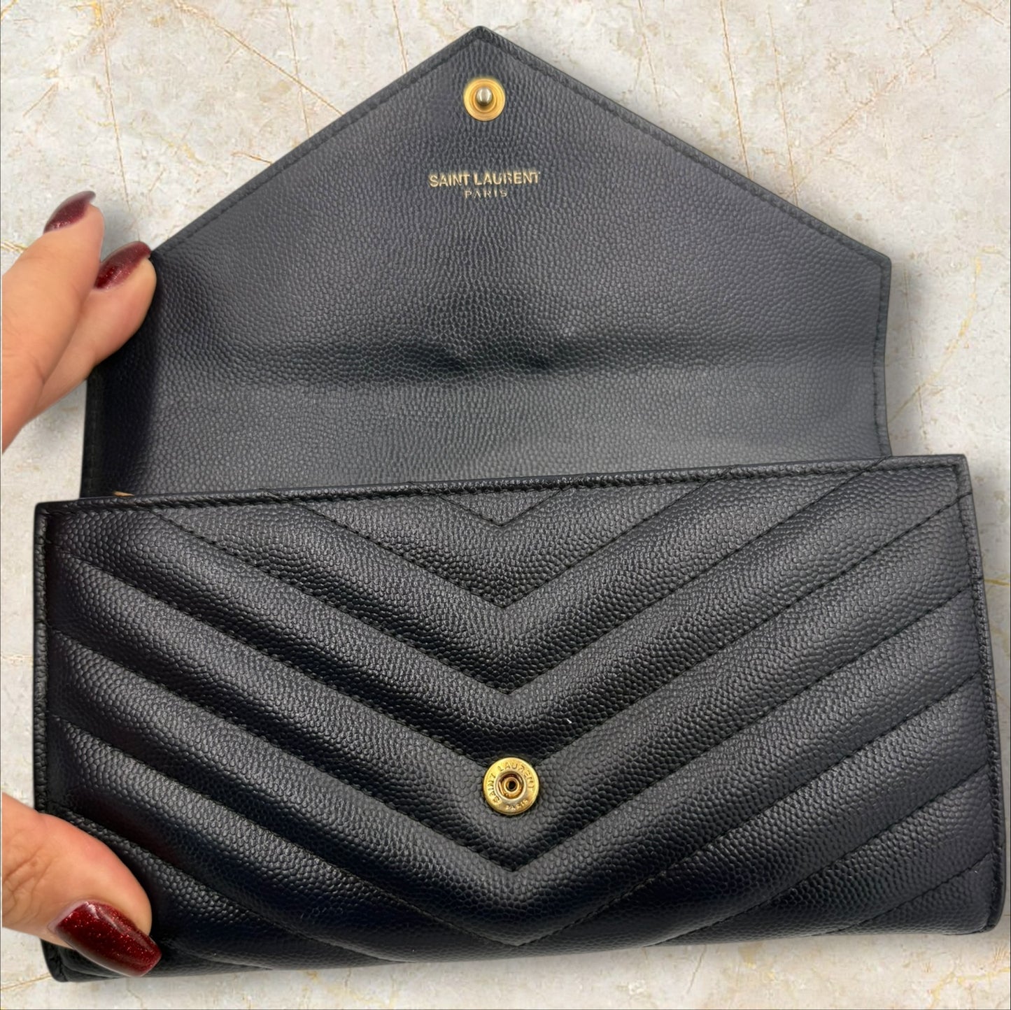 275. YSL Navy Monogram Flap Wallet in Grained Leather