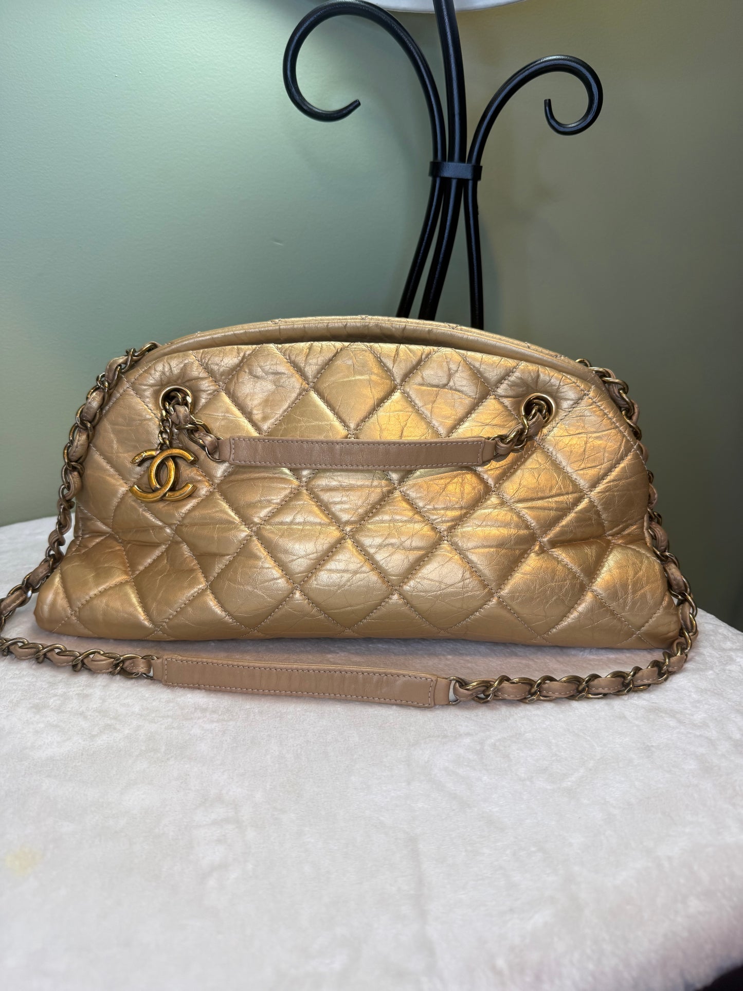 1851. Chanel Gold Aged Calfskin Just Mademoiselle Bowling Bag