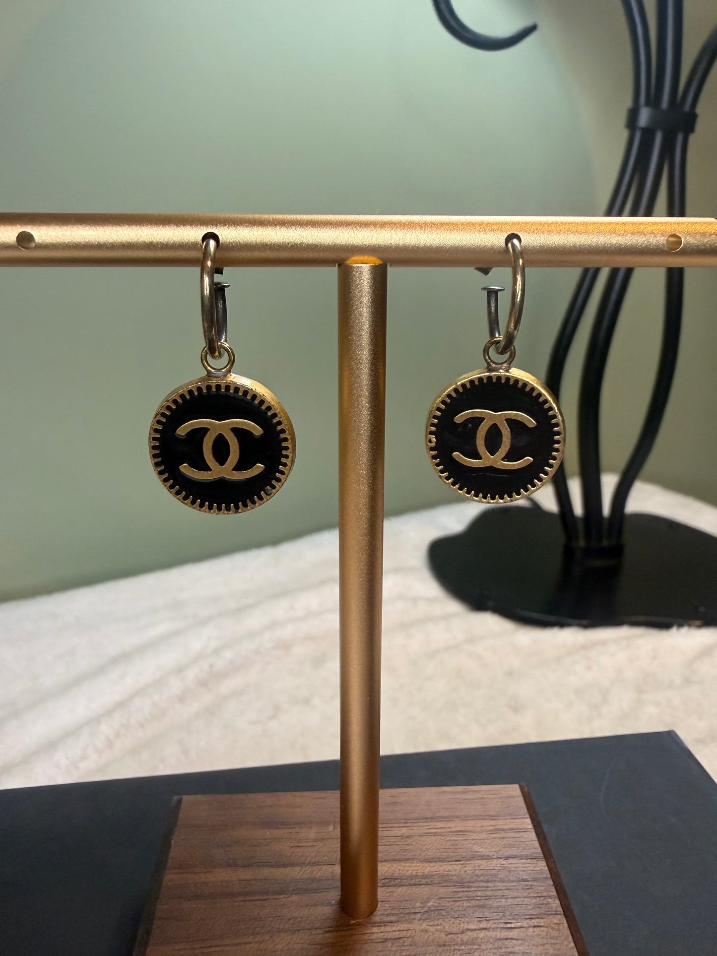 1474. Chanel Black and Gold Coin Drop Hoop Earrings