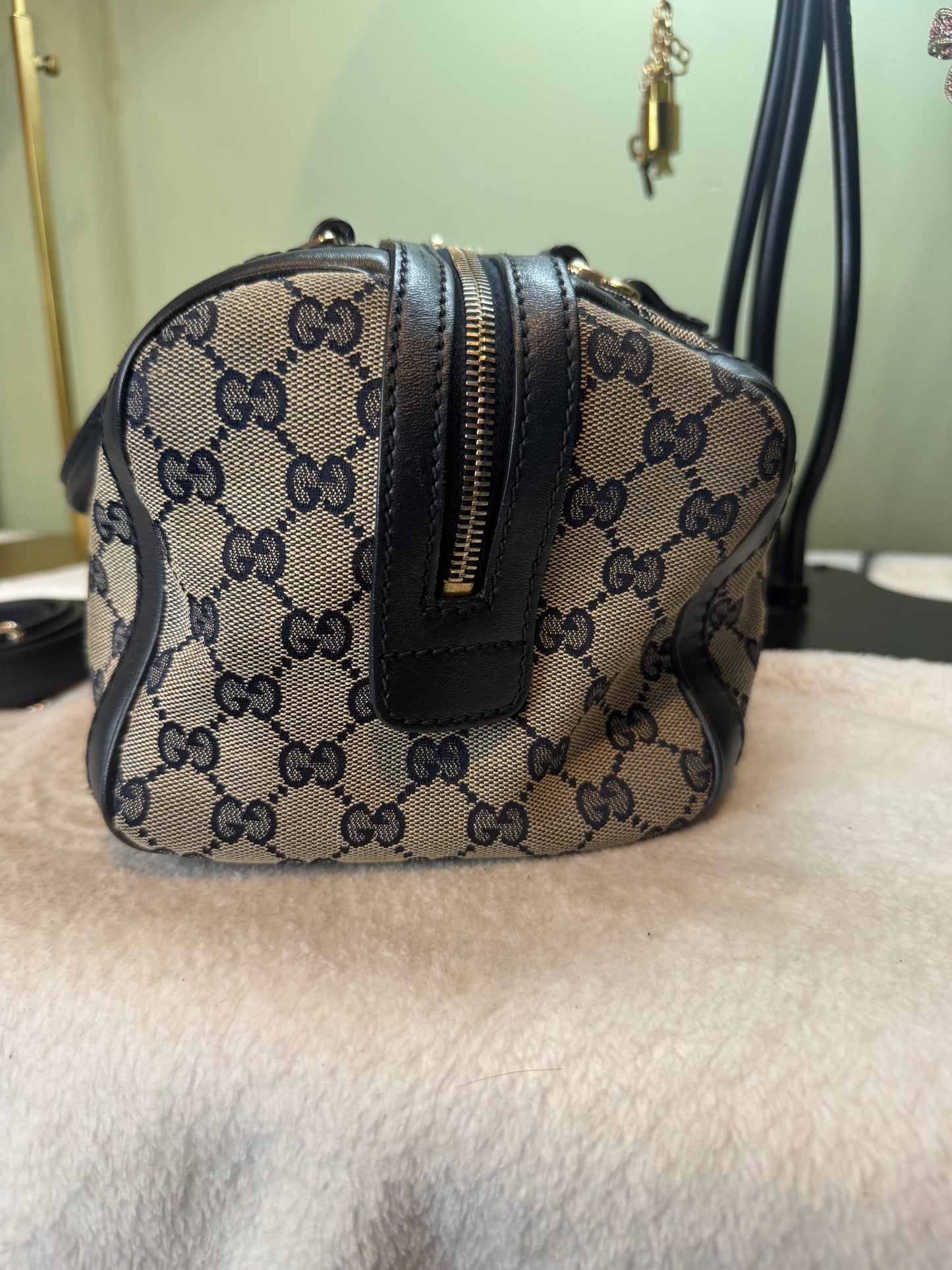 837. Gucci Monogram Vintage Ophidia Web Boston Bag