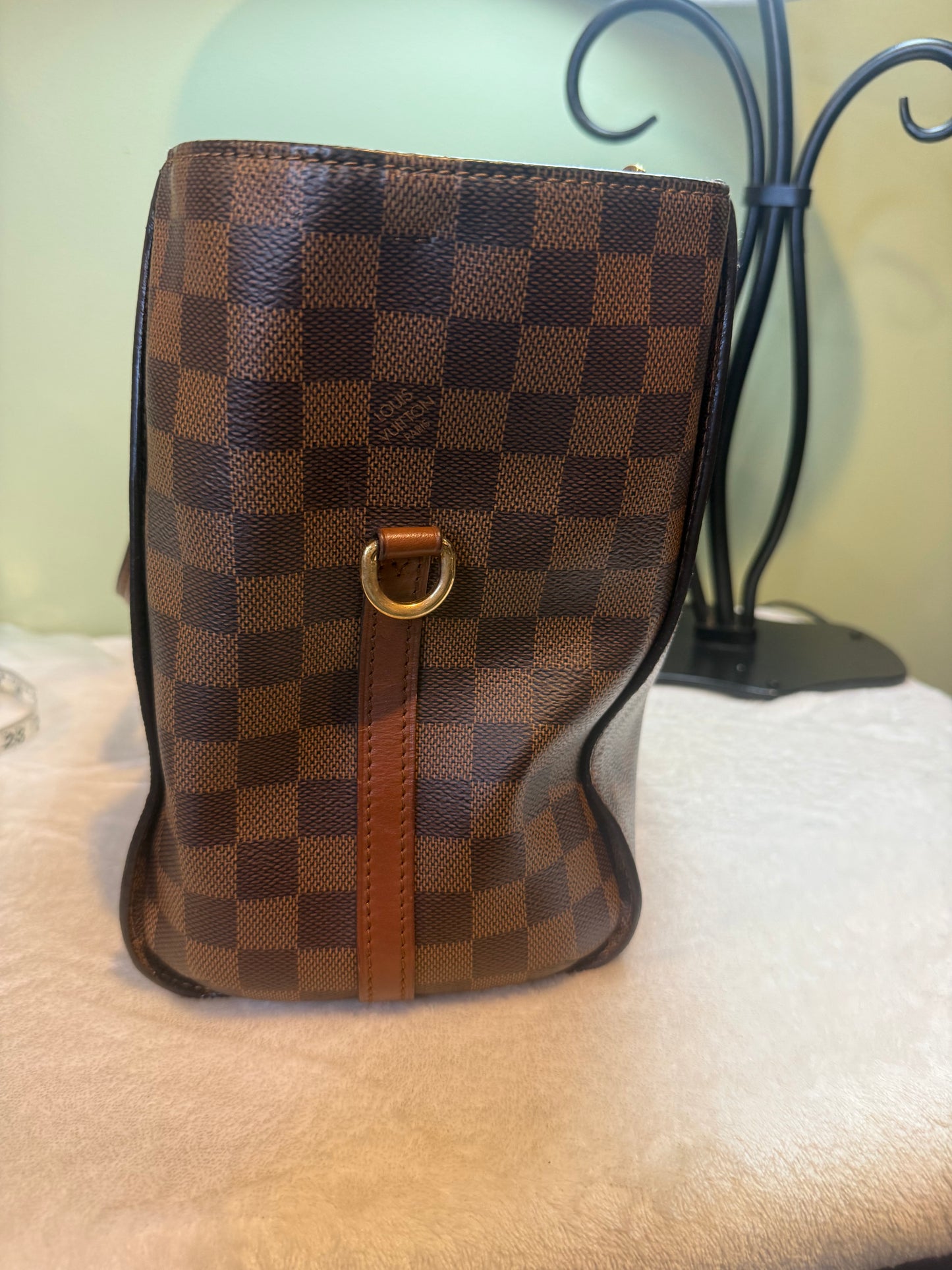 1875. Louis Vuitton Damier Ebene Greenwich PM Tote with Brown leather