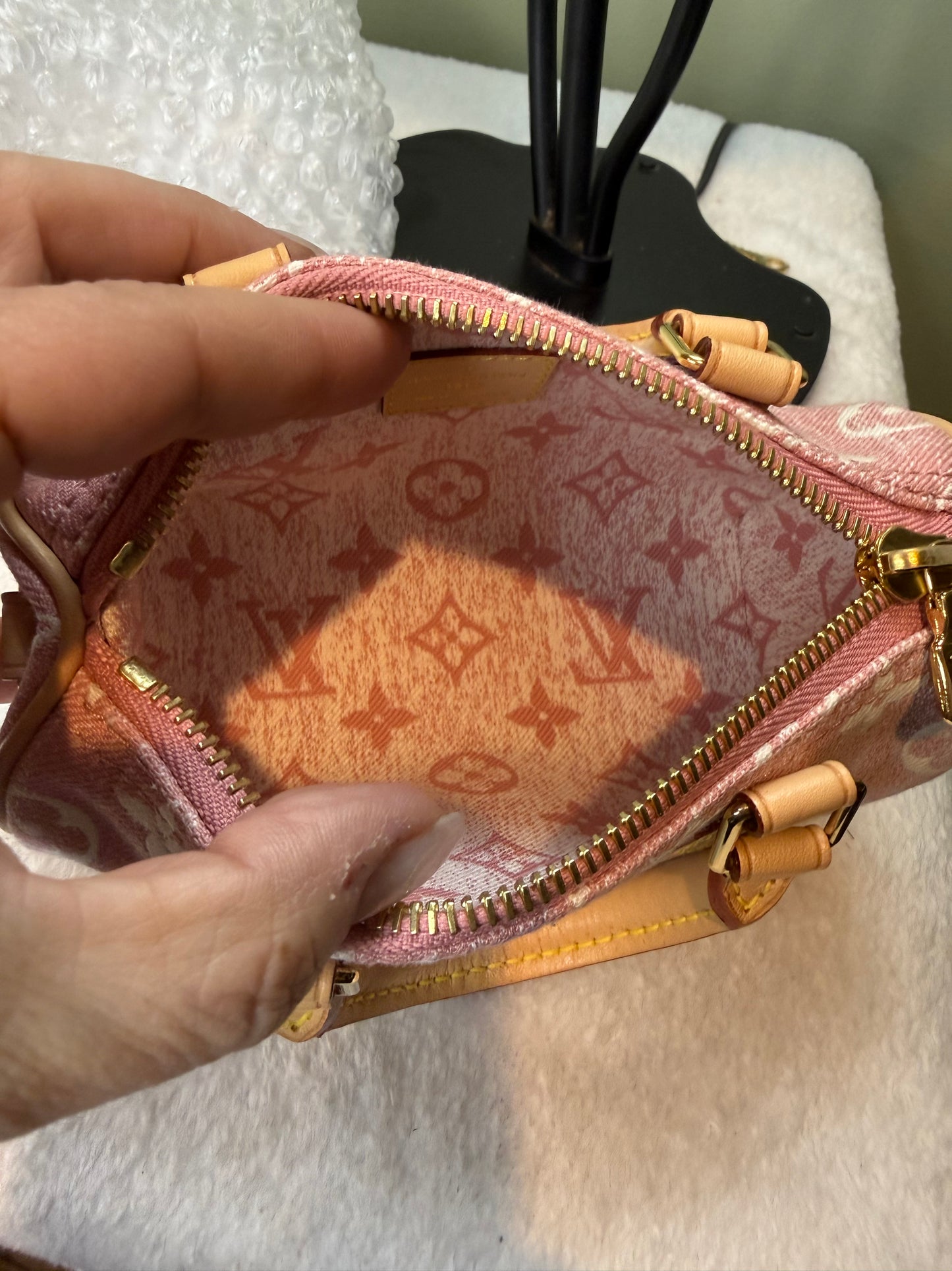 964. Louis Vuitton Pink Monogram Jacquard Denim Nano Speedy Bando