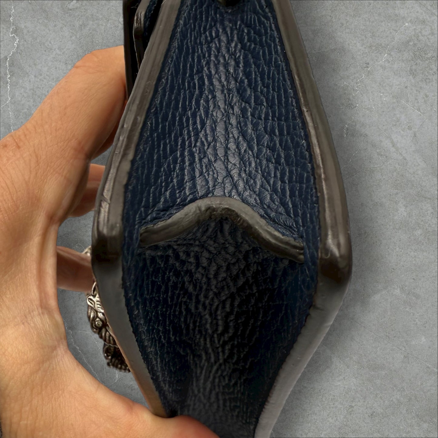 268. Gucci Navy Super Mini Leather Dionysus Chain Wallet