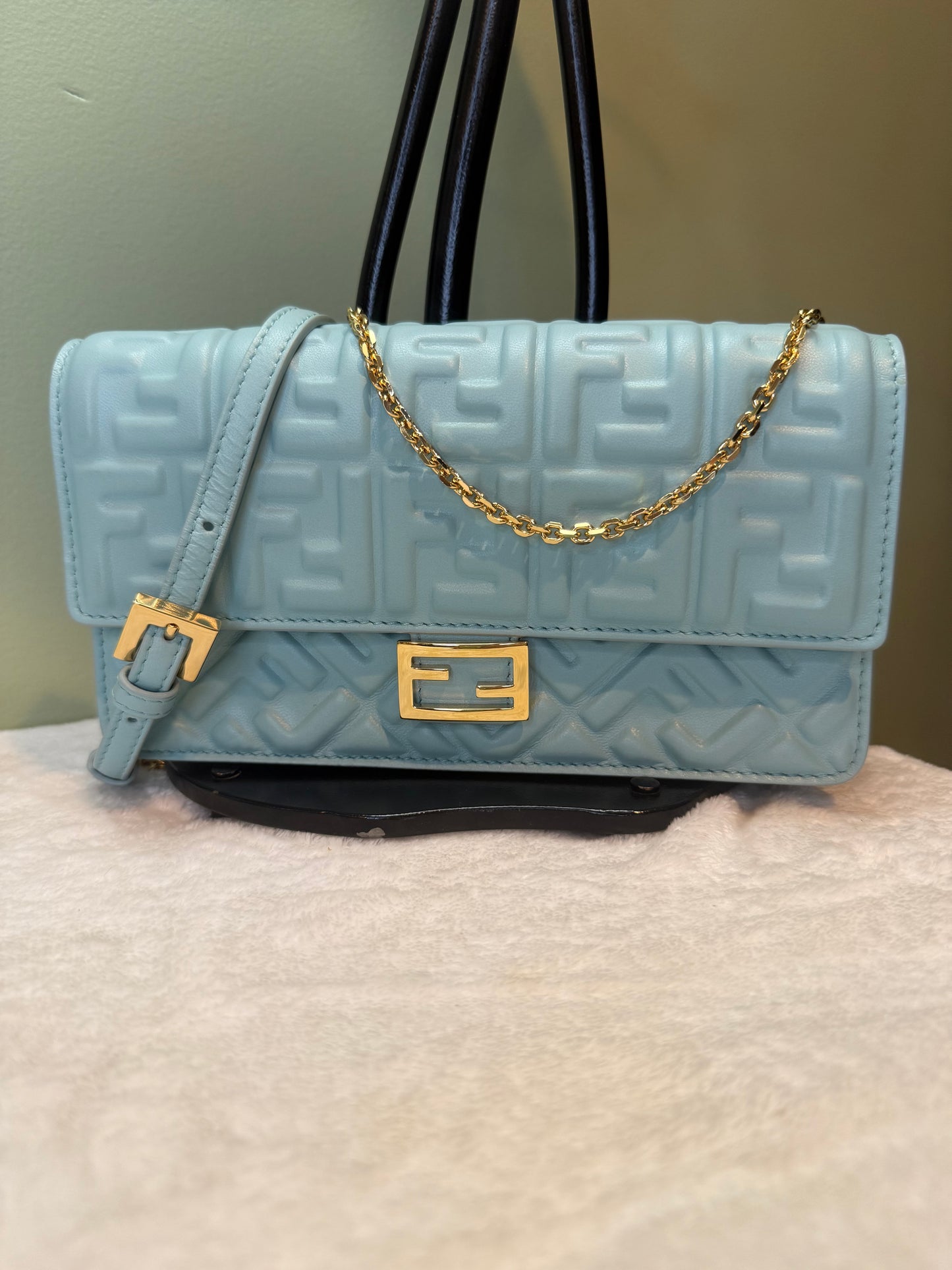 1909. Fendi Light Blue Nappa Leather Wallet on Chain Baguette