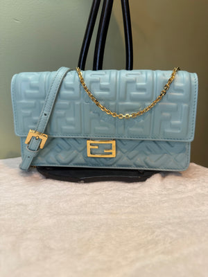 1909. Fendi Light Blue Nappa Leather Wallet on Chain Baguette