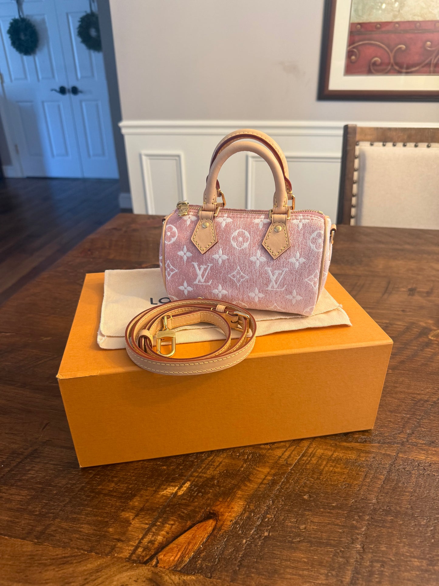 964. Louis Vuitton Pink Monogram Jacquard Denim Nano Speedy Bando