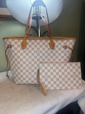 1466. Louis Vuitton Damier Azur Neverfull MM with Pink and Pouch