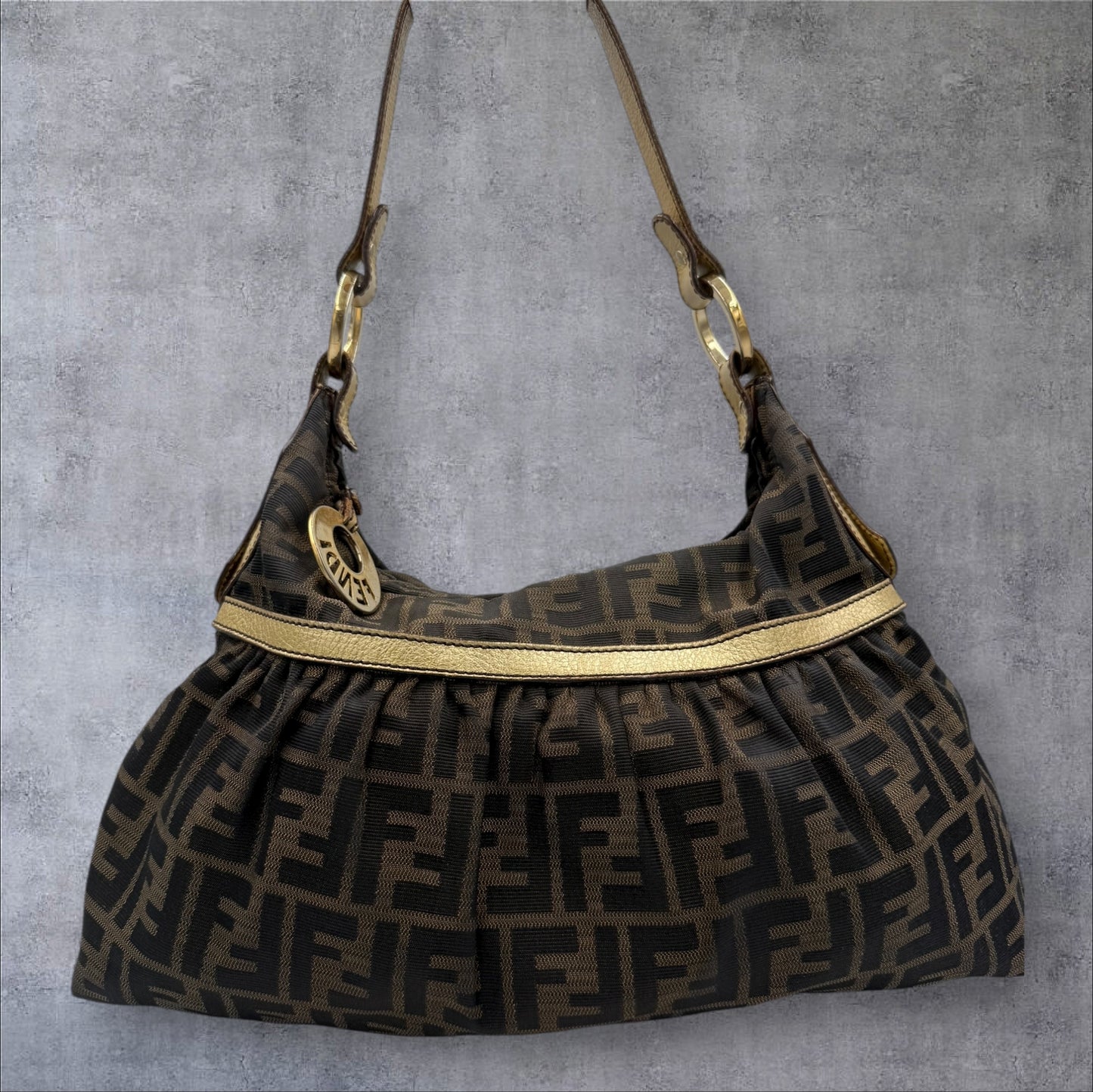 282. Fendi Zucca Chef Shoulder Bag with Gold Trim
