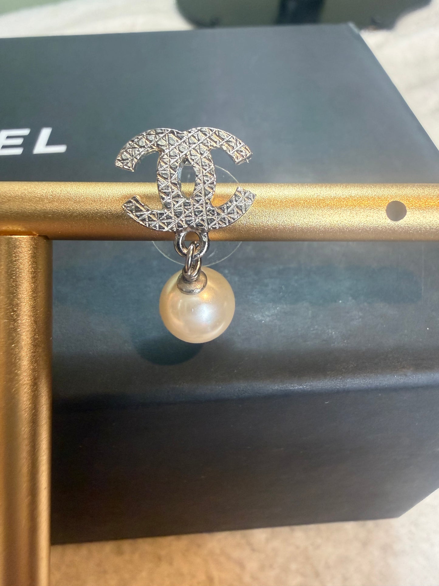 1475. Chanel Silver Stud Pearl Drop Earrings