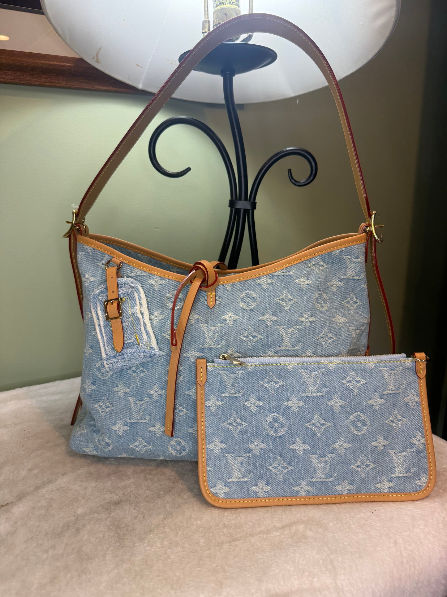 1414. Louis Vuitton Denim Carryall PM Bag with Pouch