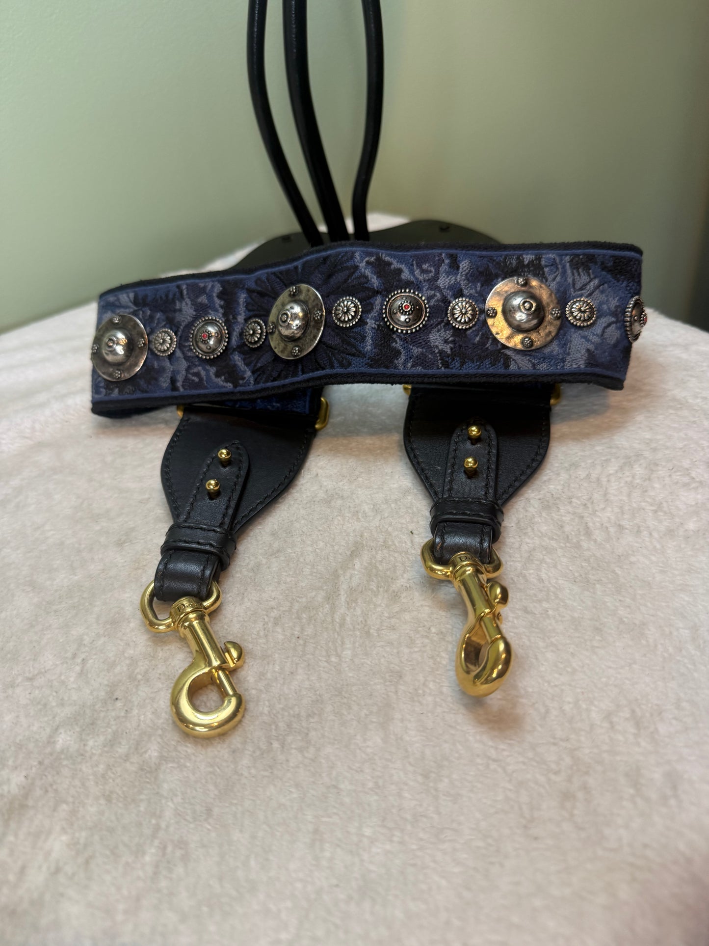1214. Christian Dior Blue Canvas Oblique Studded Shoulder Strap
