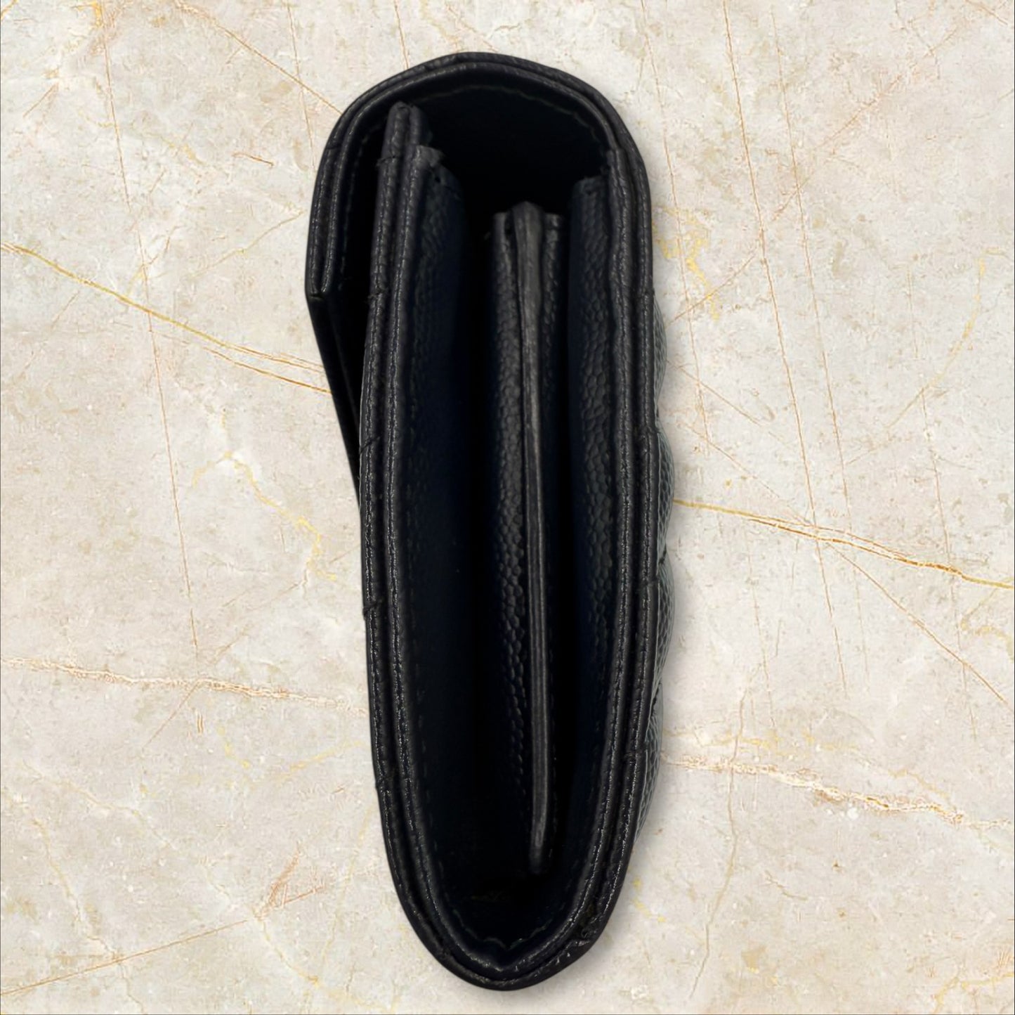 275. YSL Navy Monogram Flap Wallet in Grained Leather