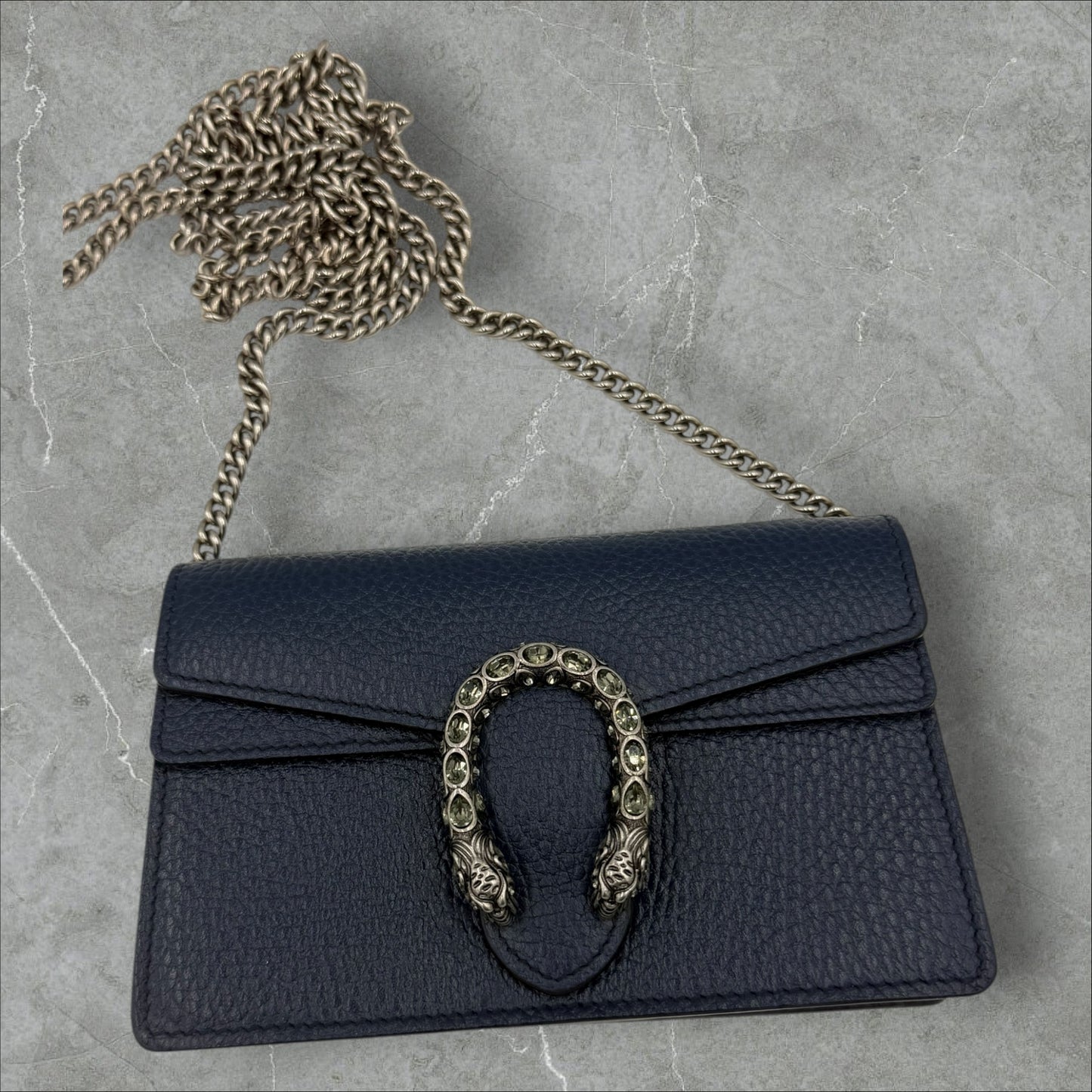 268. Gucci Navy Super Mini Leather Dionysus Chain Wallet
