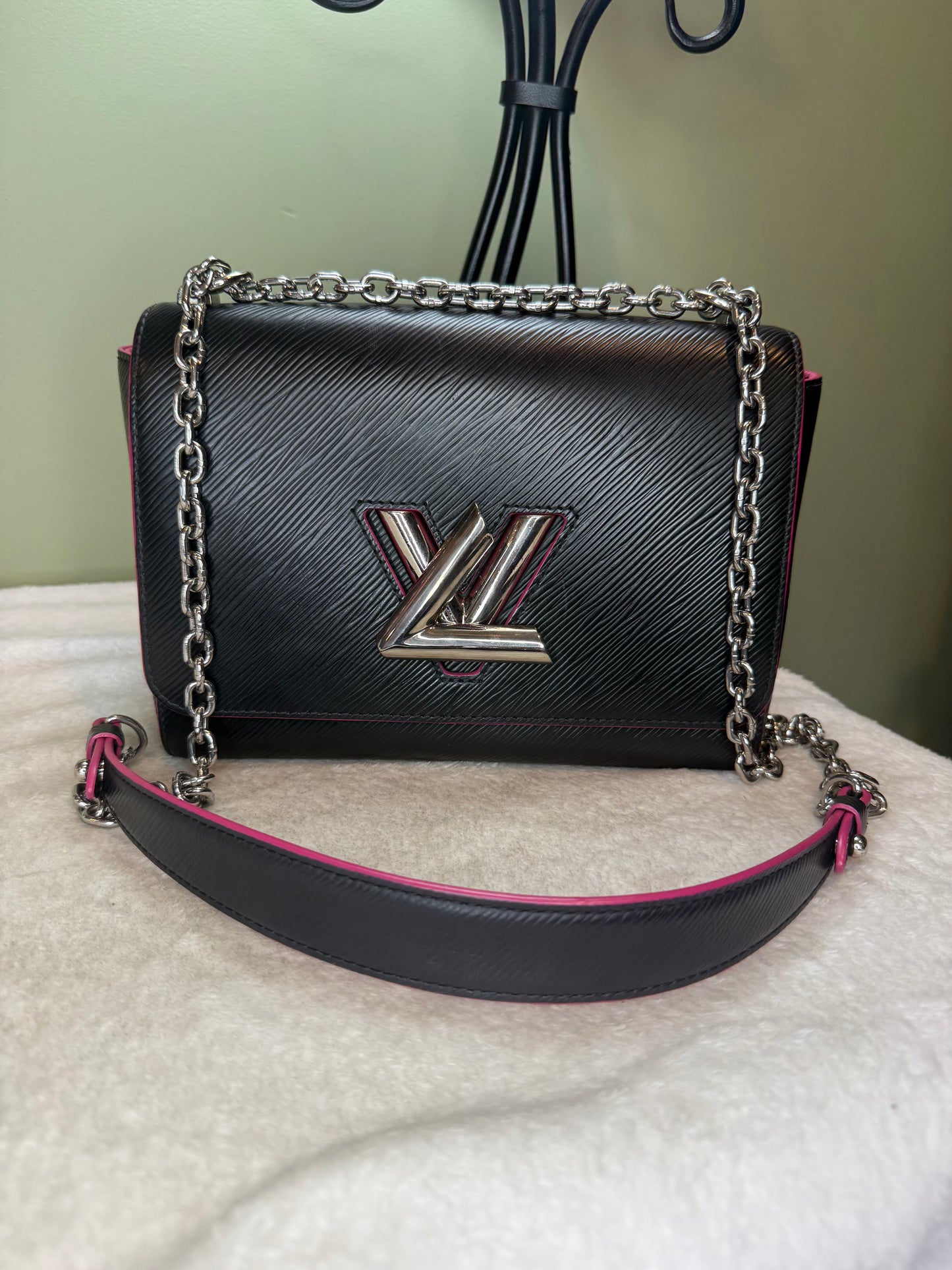 1220. Louis Vuitton Black Epi Twist MM with pink interior
