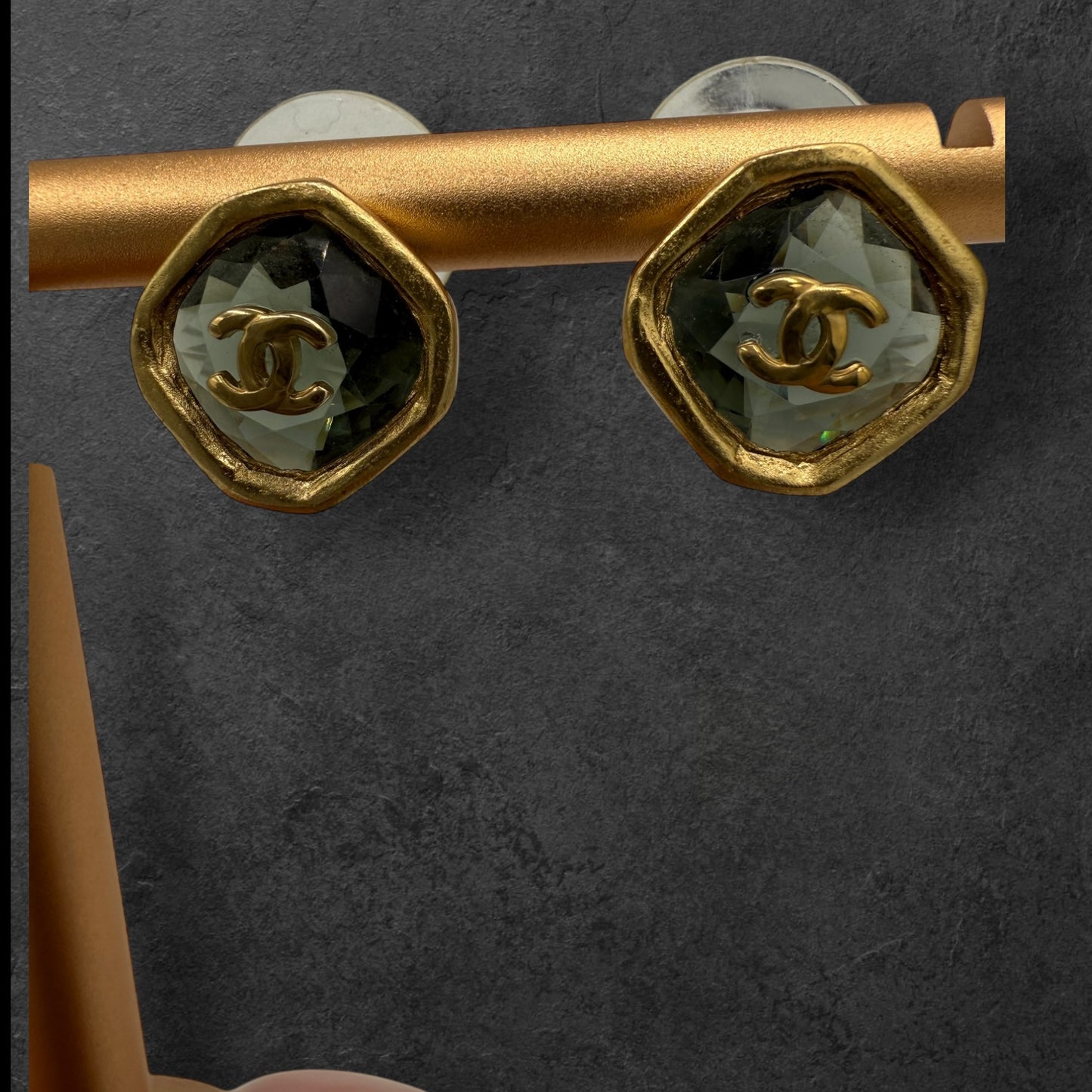 298. Chanel Coco Mark Stone Rhinestone Gold Plated  CC Earrings