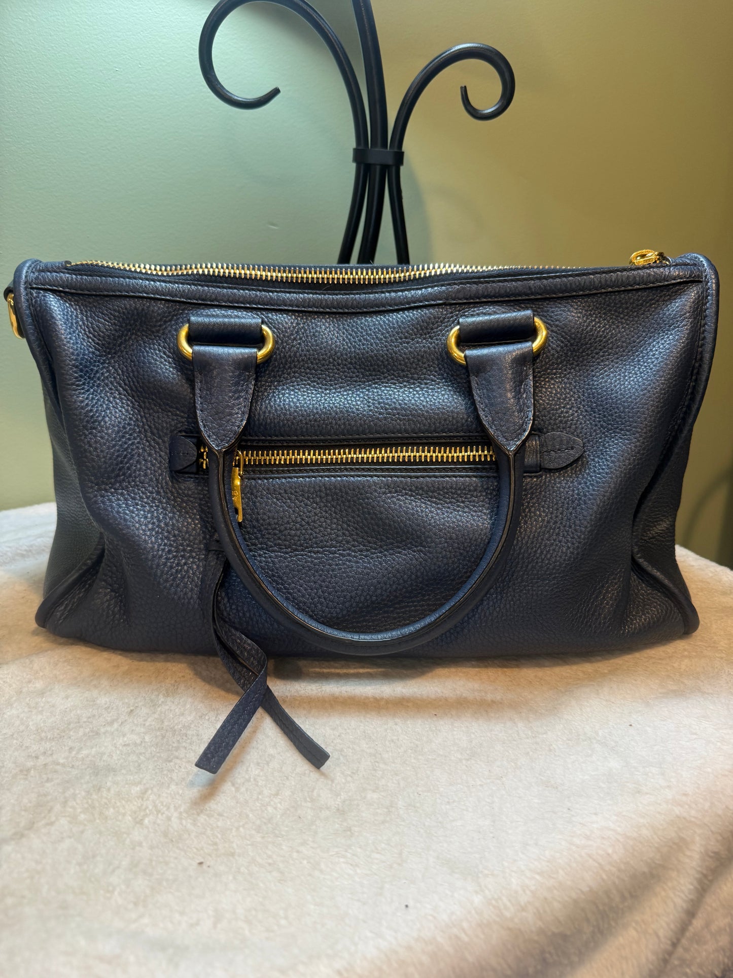 1664. Prada Navy Leather Vitello Daino Motor 2-way Tote