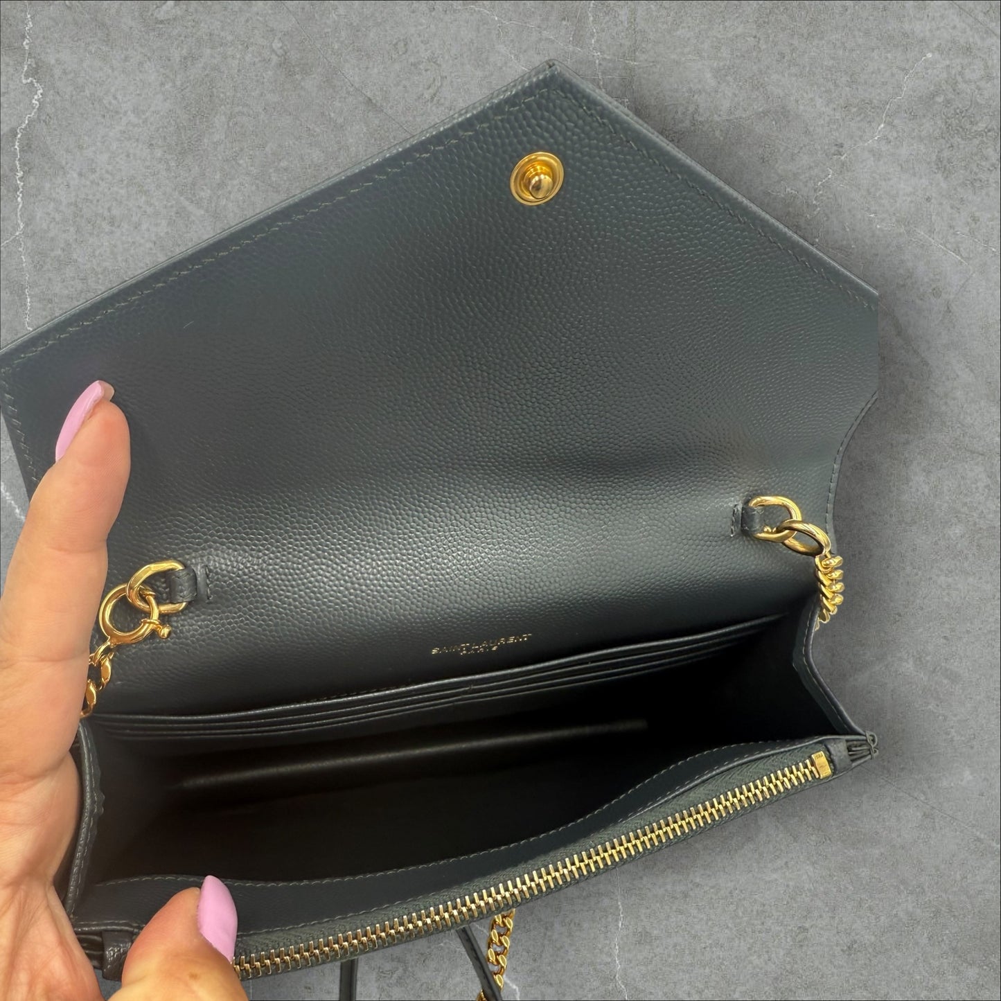 Saint Laurent YSL Dark Grey pebbled Chevron Cassandre Wallet on Chain